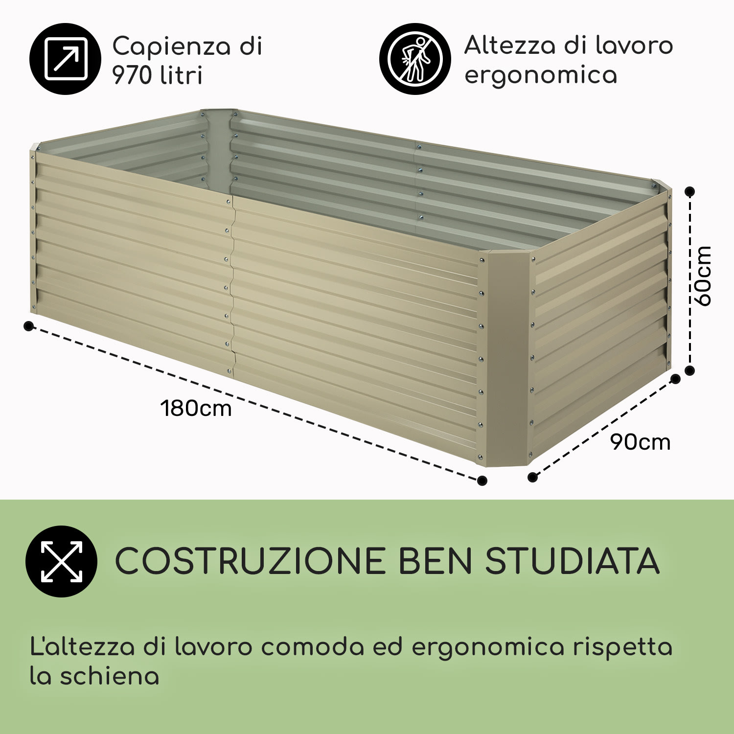 High Grow Straight Aiuole Rialzata 180x60x90cm 970l Acciaio zincato beige 180 x 90 x 60 cm | Crema