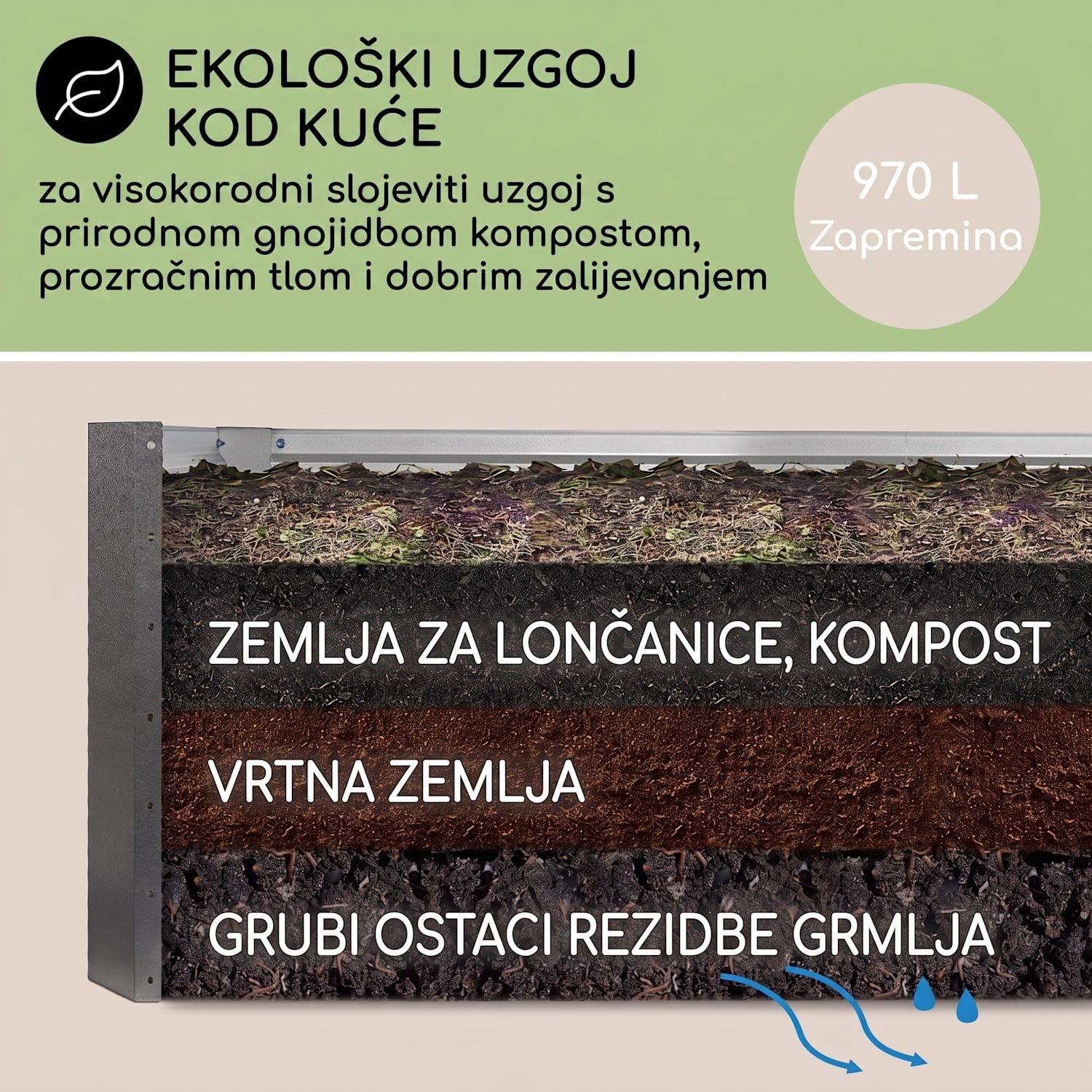 High Grow Straight, povišena žardinjera, 180x60x90cm 970l, čelik, pocinčana, bež 180 x 90 x 60 cm | Krem