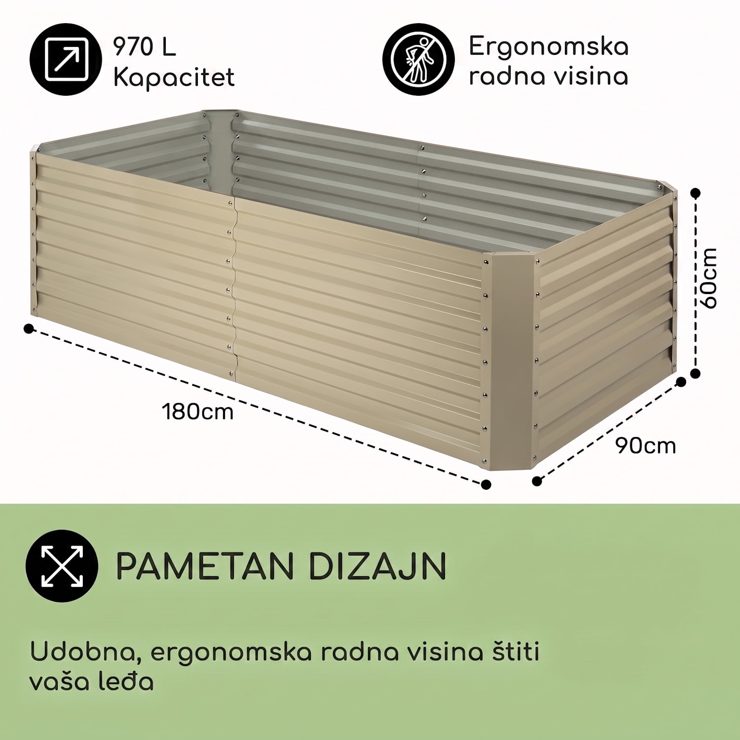 High Grow Straight, povišena žardinjera, 180x60x90cm 970l, čelik, pocinčana, bež 180 x 90 x 60 cm | Krem