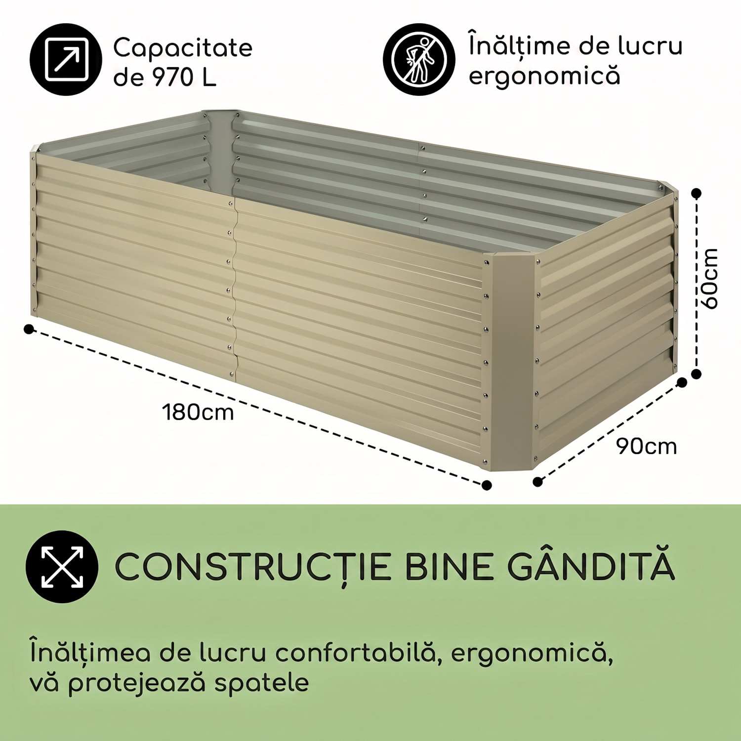 Ghiveci ridicat 180x60x90cm 970l oțel galvanizat bej 180 x 90 x 60 cm | Crem