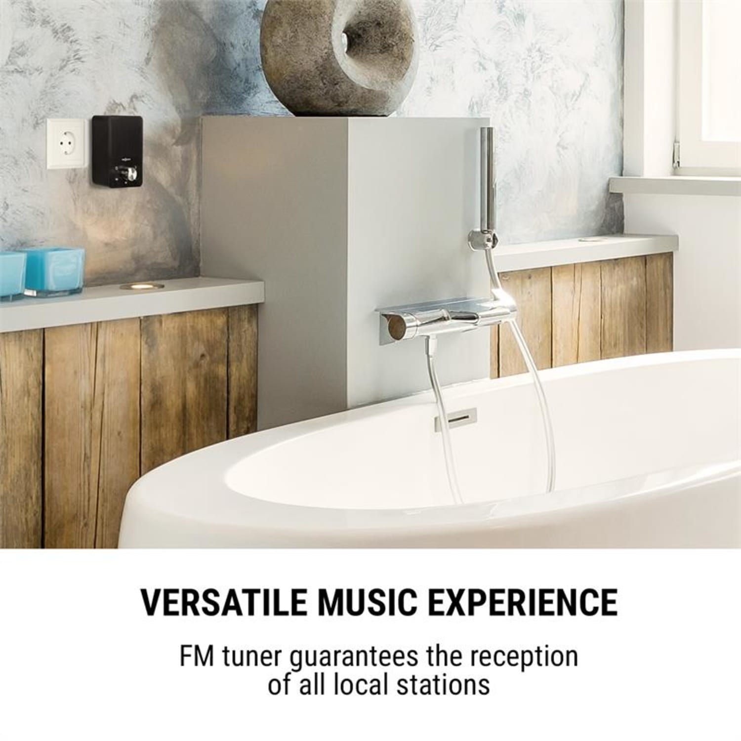 Plug+Play FM, radio gniazdkowe, tuner UKF, USB, BT, czarne