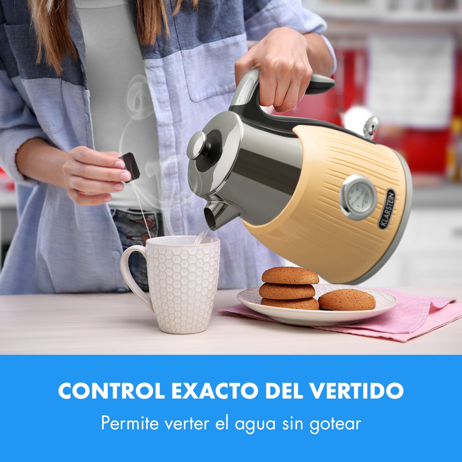 Cancan hervidor de agua 1,6L 1800-2150W diseño retro base de 360° crema Crema