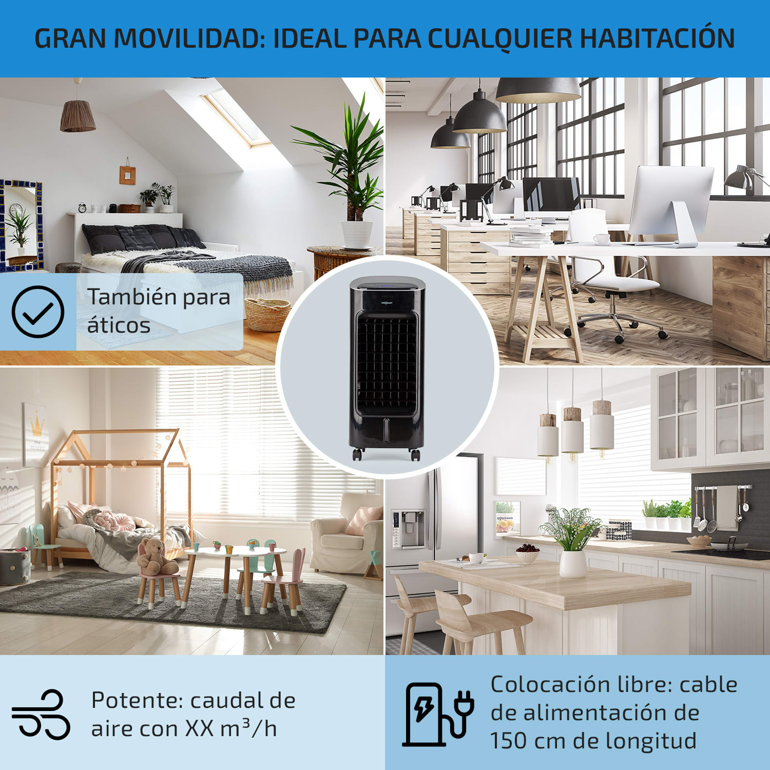 Coolster Climatizador evaporativo 4 en 1 de 60W, 320m³/h, depósito de agua de 4L Negro 