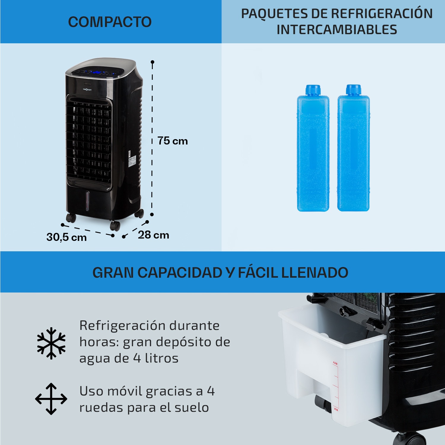 Coolster Climatizador evaporativo 4 en 1 de 60W, 320m³/h, depósito de agua de 4L Negro 