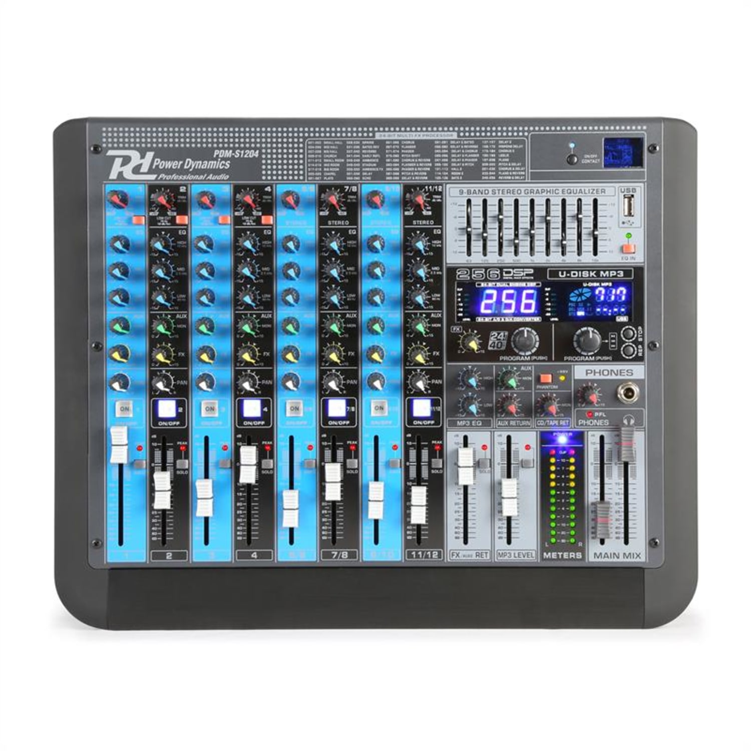 PDM-S1204 12-csatornás keverőpult, DSP/MP3, USB port, BT vevő 