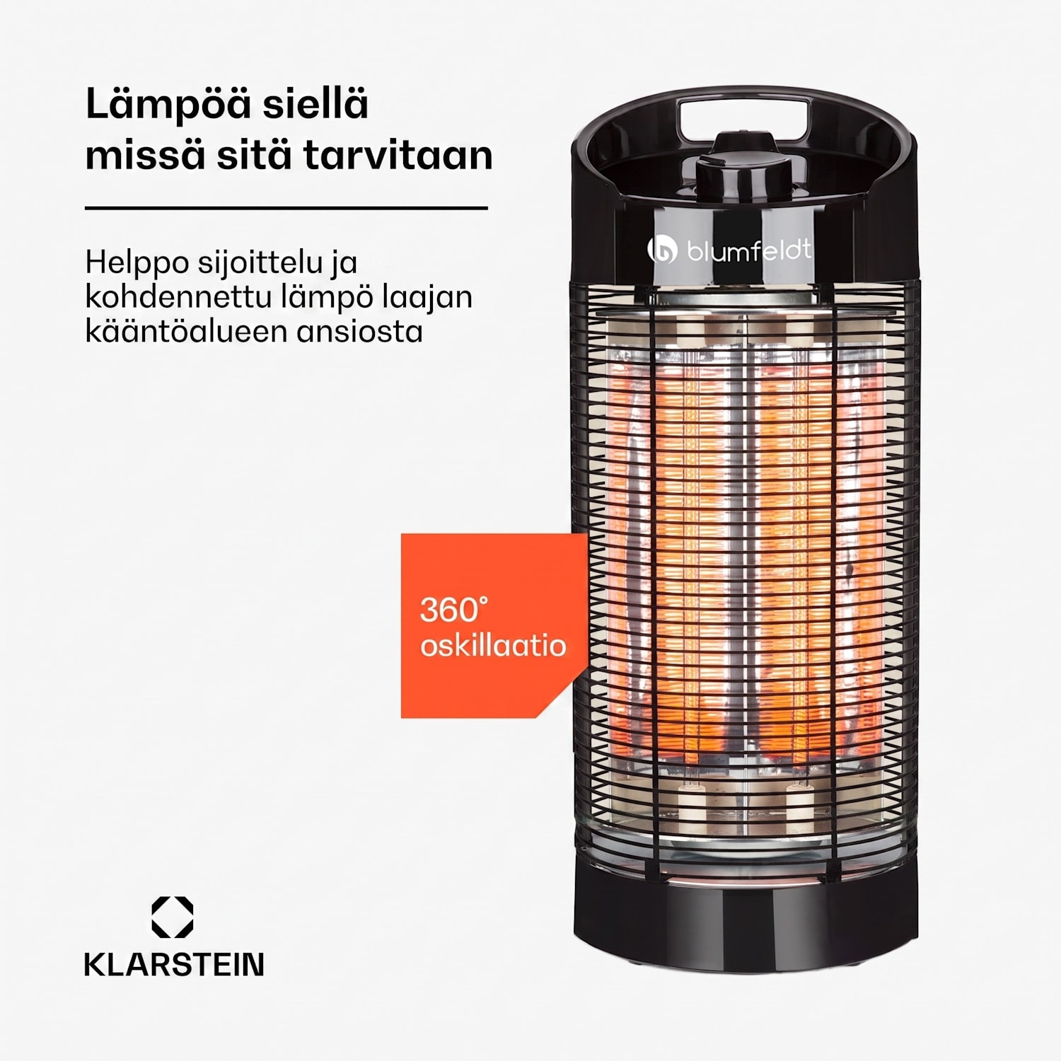 Heat Guru 360, jalallinen lämmitin, 1200/600 W, 2 lämmityporrasta, IPX4, musta 56 cm