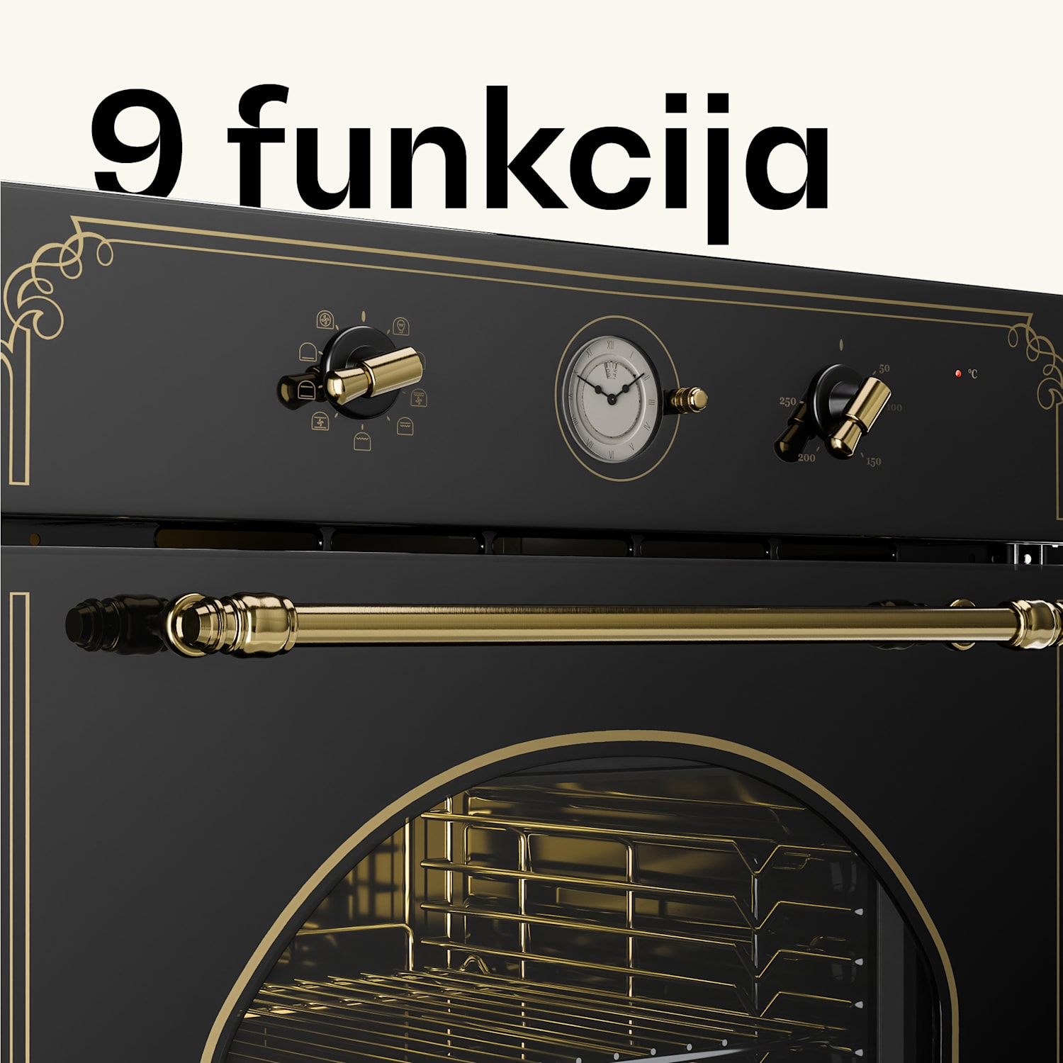 Victoria, ugradbena električna pećnica, retro izgled, 9 funkcija, 50 - 250 ° C, crna Crna