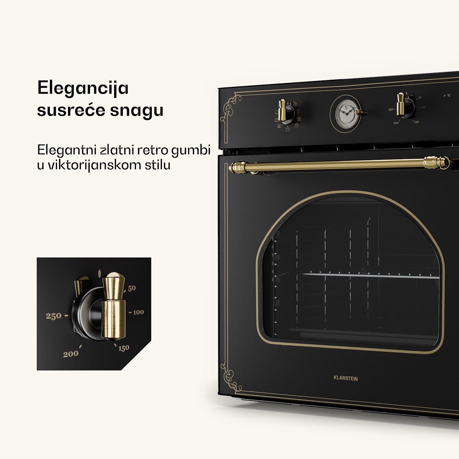 Victoria, ugradbena električna pećnica, retro izgled, 9 funkcija, 50 - 250 ° C, crna Crna