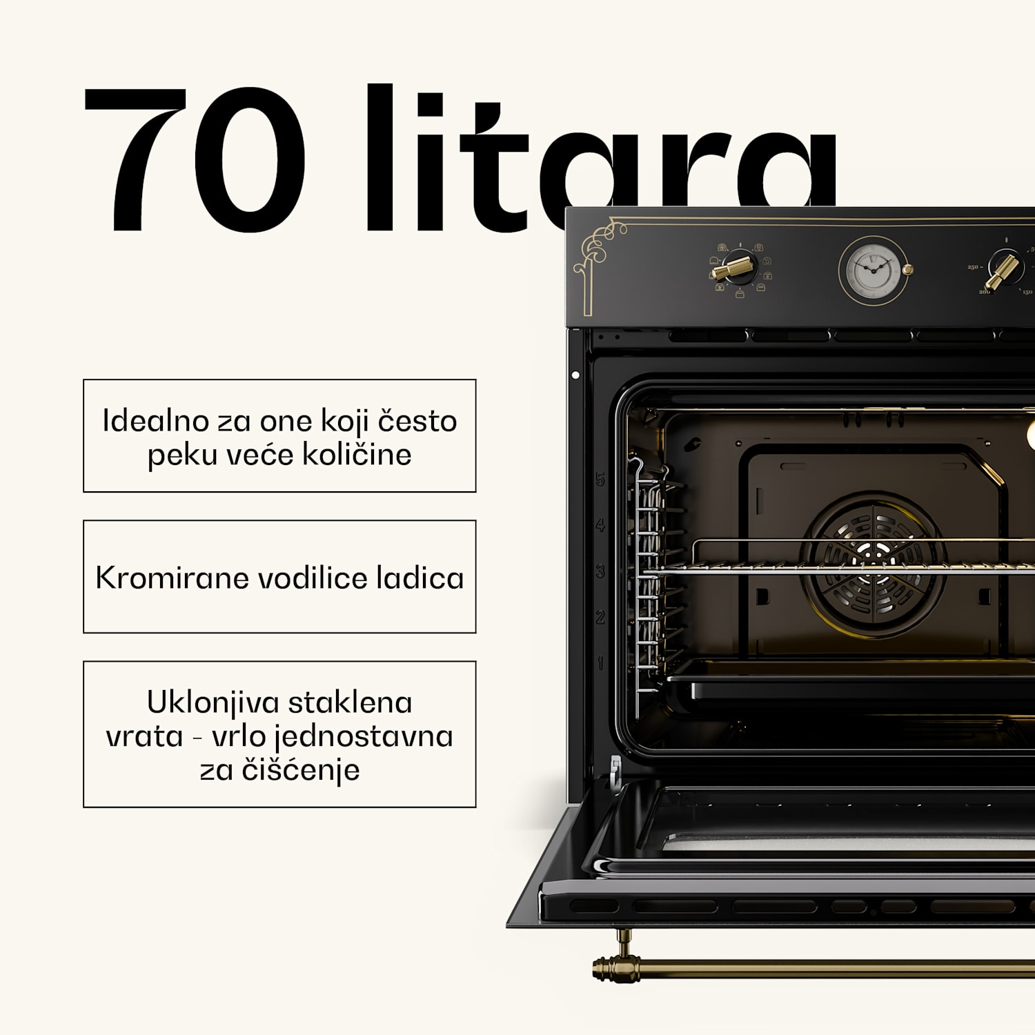Victoria, ugradbena električna pećnica, retro izgled, 9 funkcija, 50 - 250 ° C, crna Crna