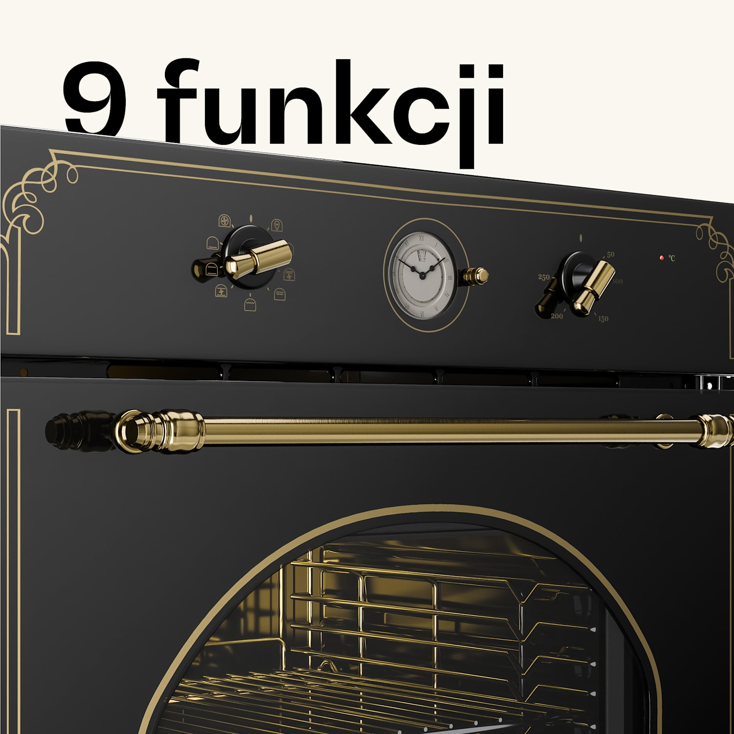 Victoria, piekarnik elektryczny do zabudowy, styl retro, 9 funkcji, 50-250°C Czarny