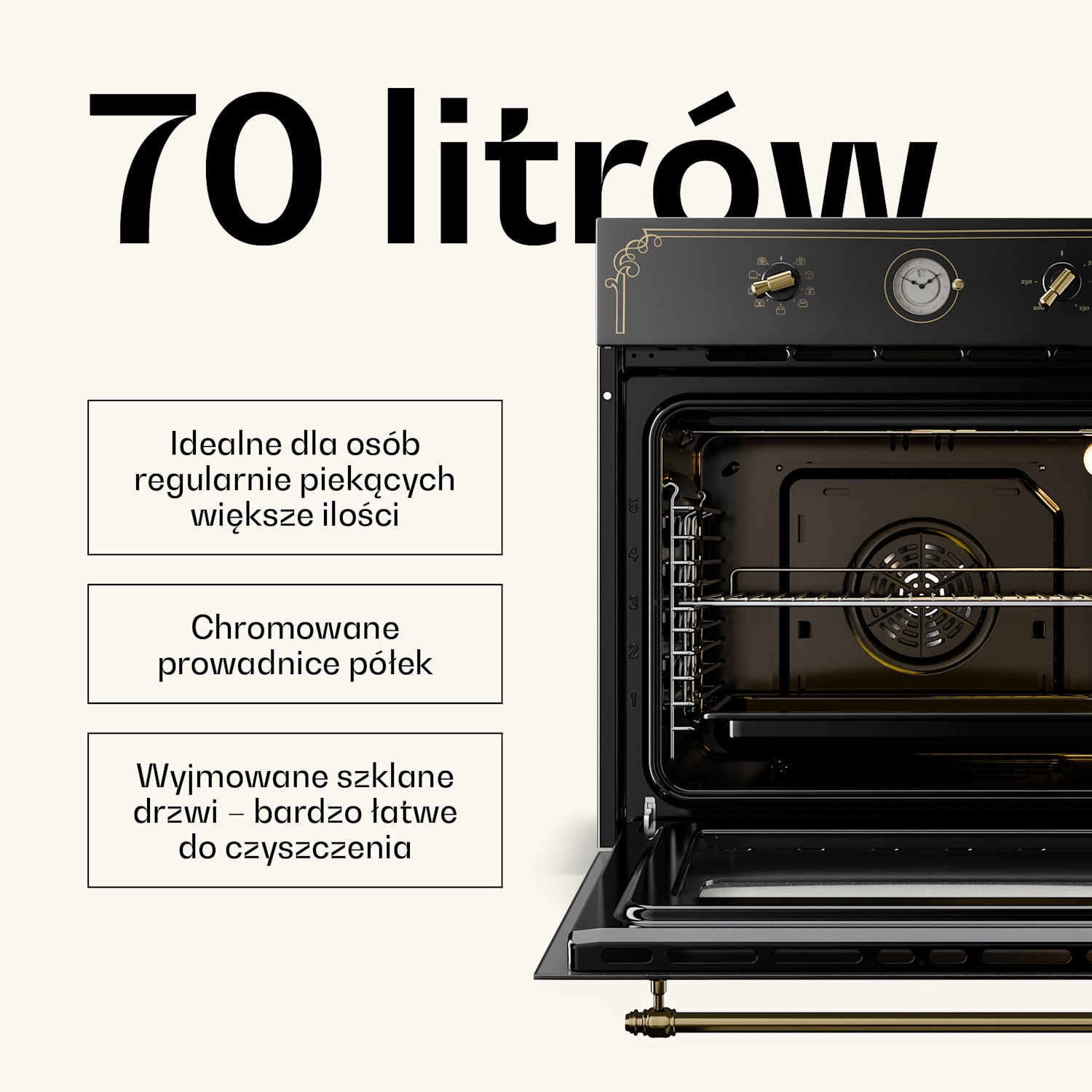 Victoria, piekarnik elektryczny do zabudowy, styl retro, 9 funkcji, 50-250°C Czarny