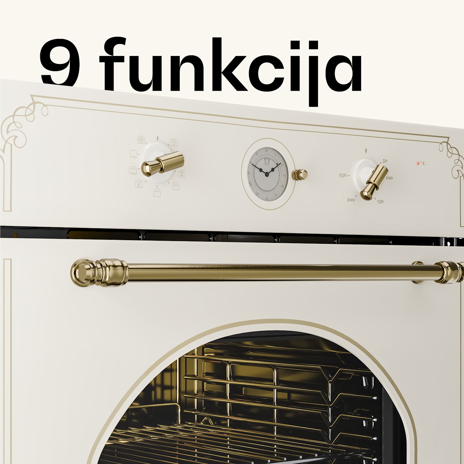 Victoria, ugradbena električna pećnica, retro izgled, 9 funkcija, 50 - 250 ° C, bjelokosst Vintage kremasta
