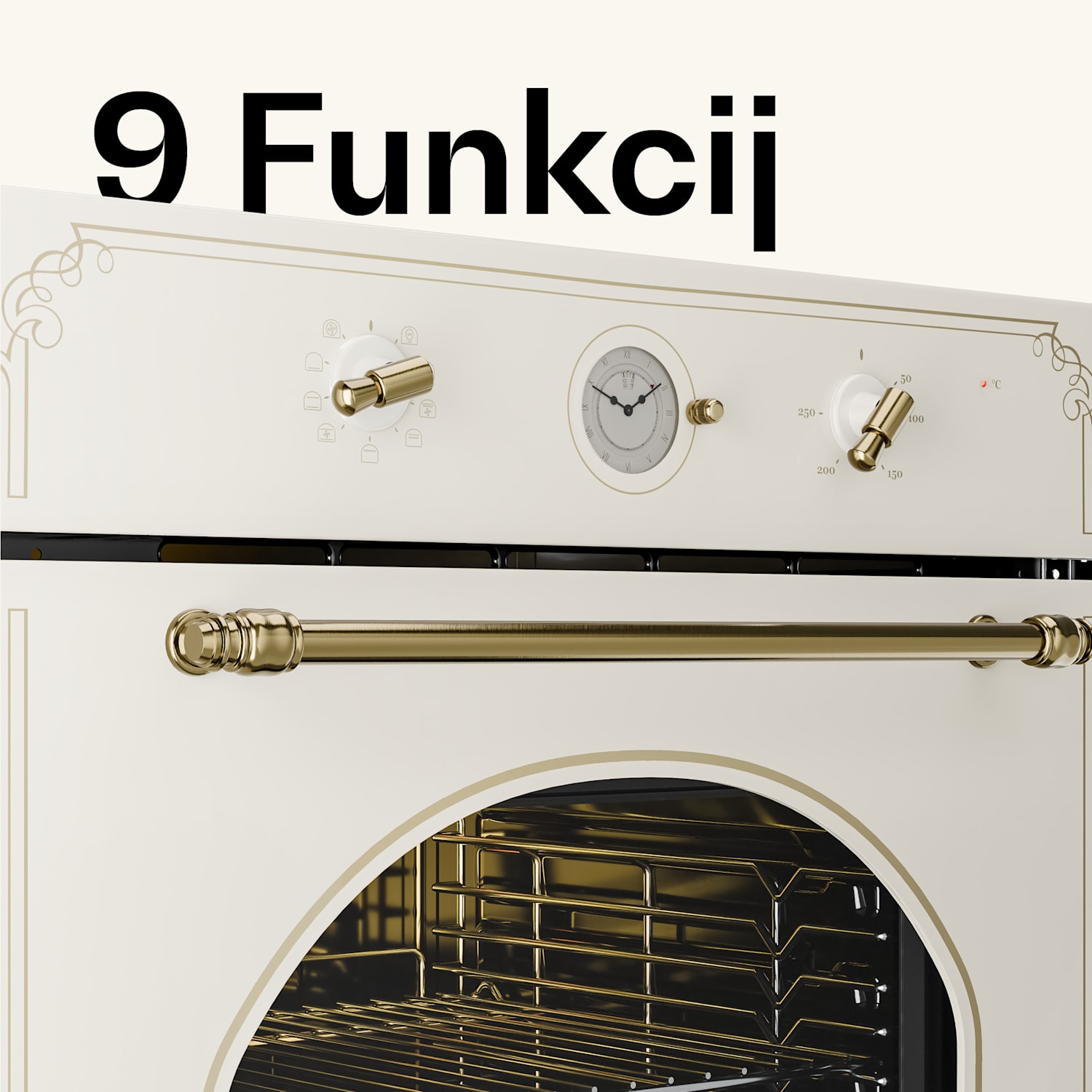 Victoria, vgradna električna pečica, retro izgled, 9 funkcij, 50-250 °C, barva slonove kosti Vintage kremna