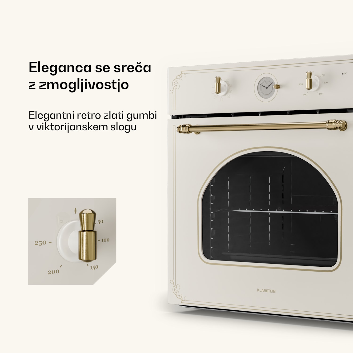 Victoria, vgradna električna pečica, retro izgled, 9 funkcij, 50-250 °C, barva slonove kosti Vintage kremna