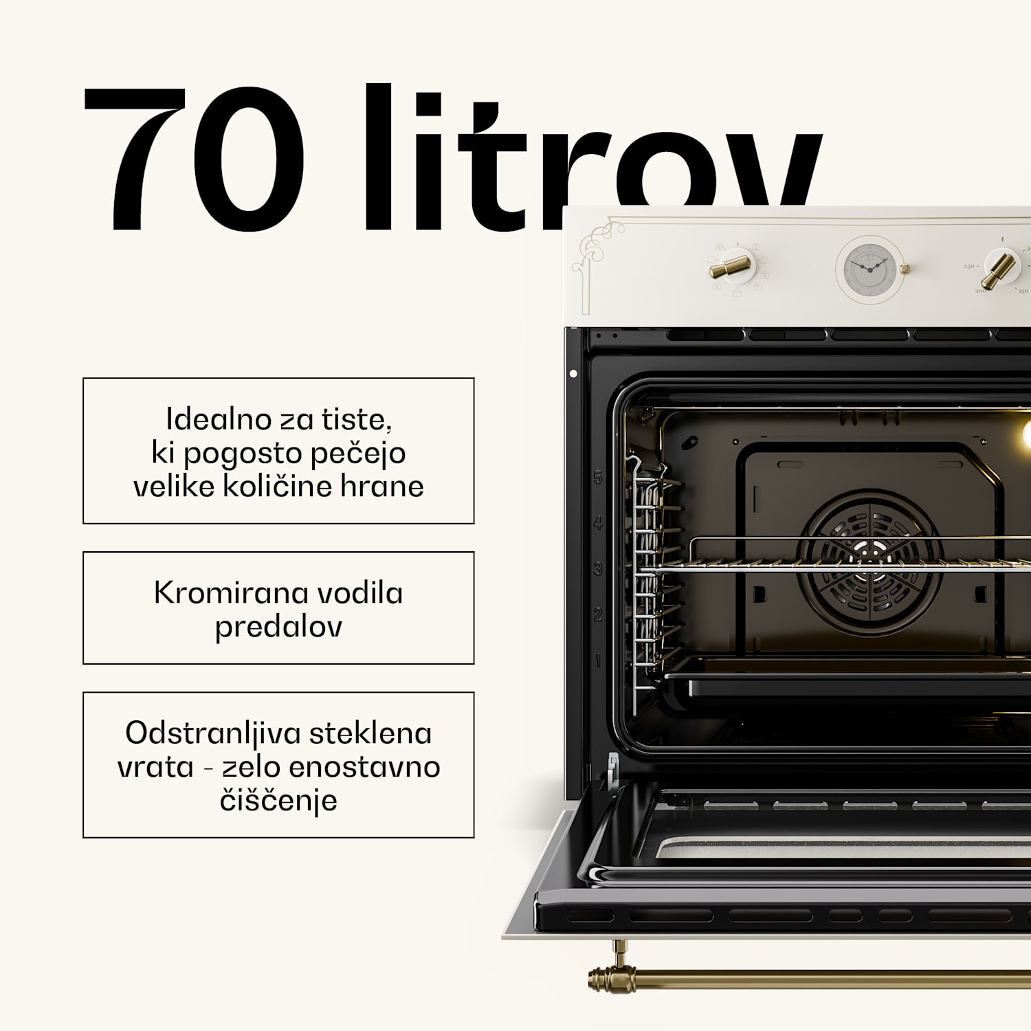 Victoria, vgradna električna pečica, retro izgled, 9 funkcij, 50-250 °C, barva slonove kosti Vintage kremna