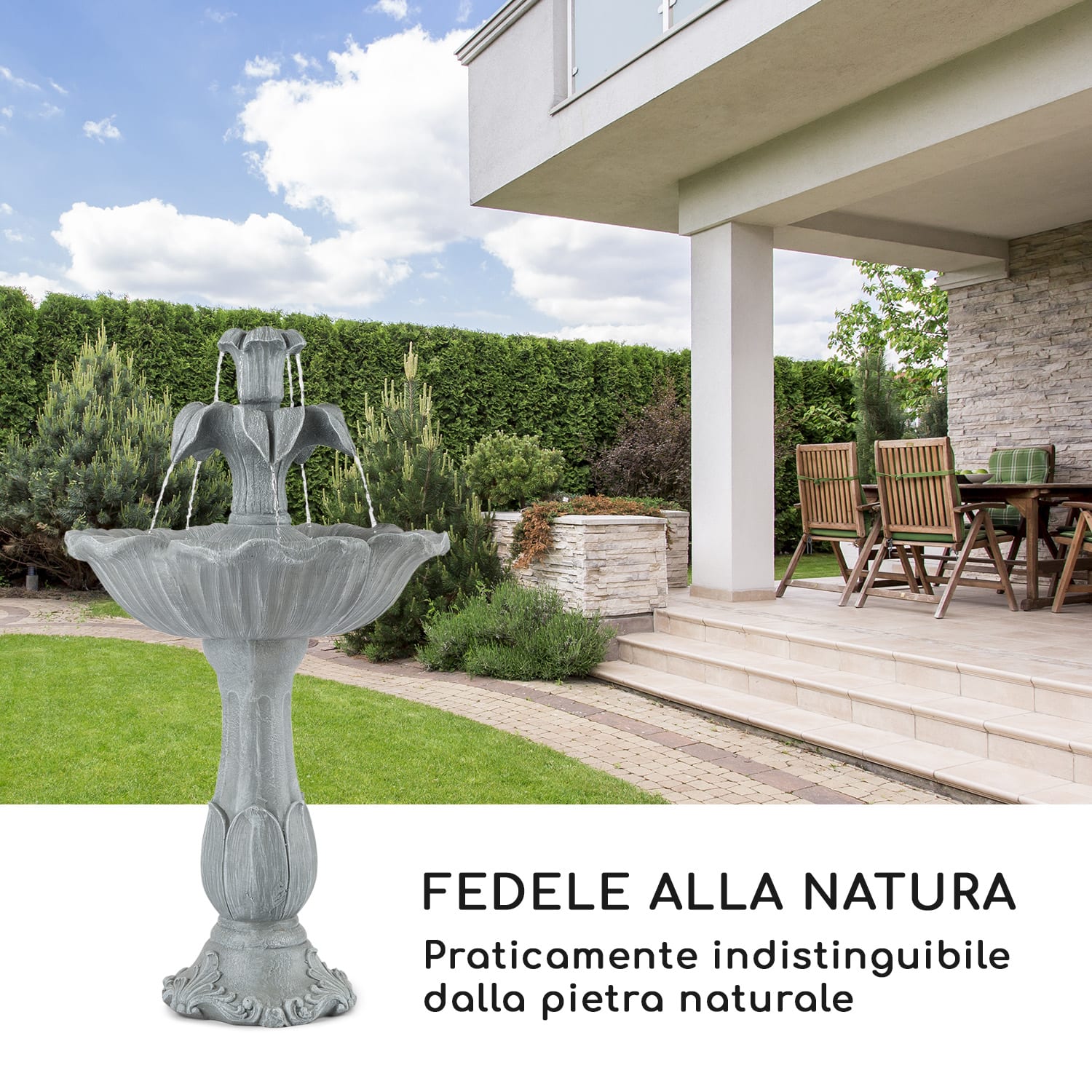 Floreal Fontana da Giardino in Poliresina 6 W Design Romantico Effetto Metallico 