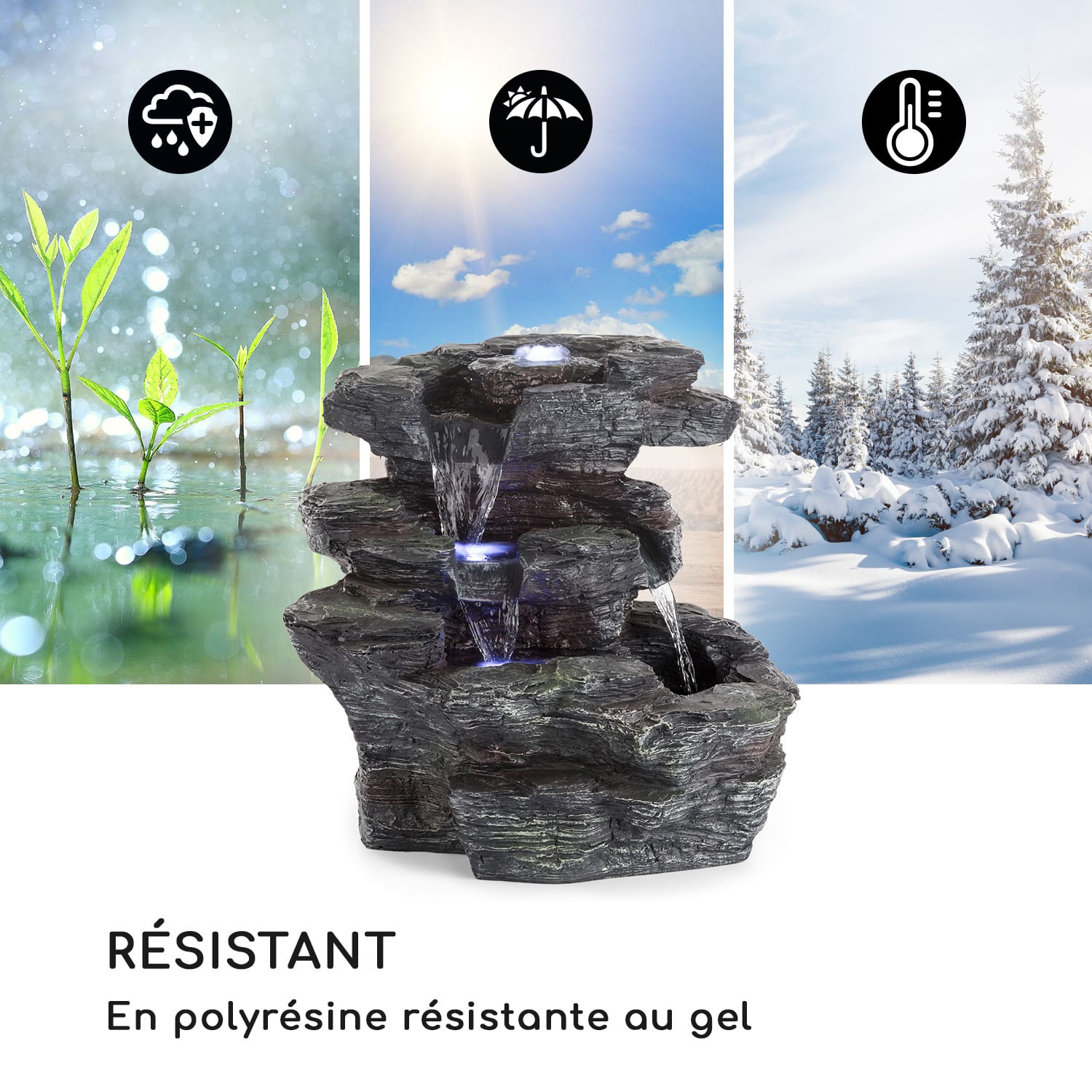 Rochester Falls Fontaine de jardin IPX8 Pompe 6W 3x LED aspect pierre 