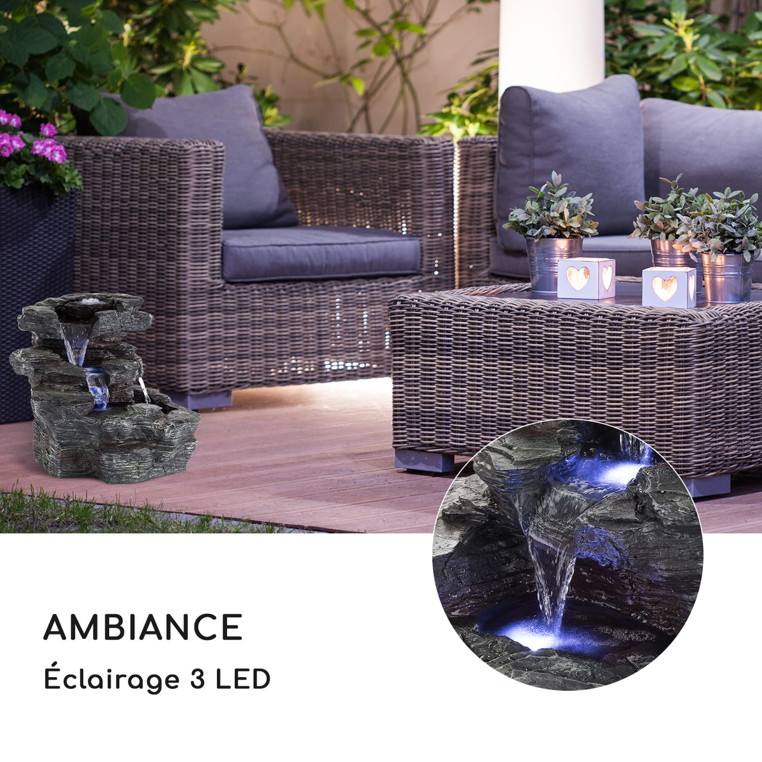 Rochester Falls Fontaine de jardin IPX8 Pompe 6W 3x LED aspect pierre 