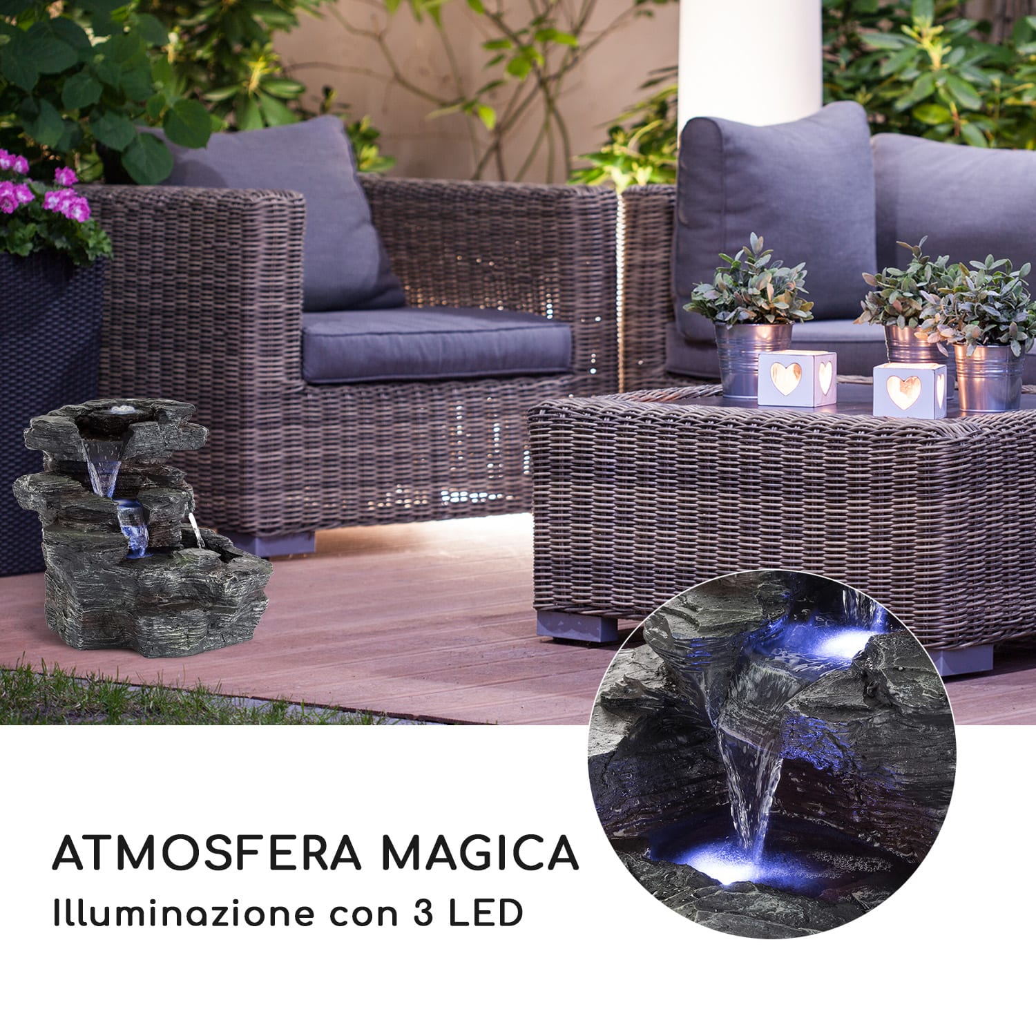 Rochester Falls Fontana da Giardino IPX8 6 W in Poliresina 3 LED Effetto Pietra 