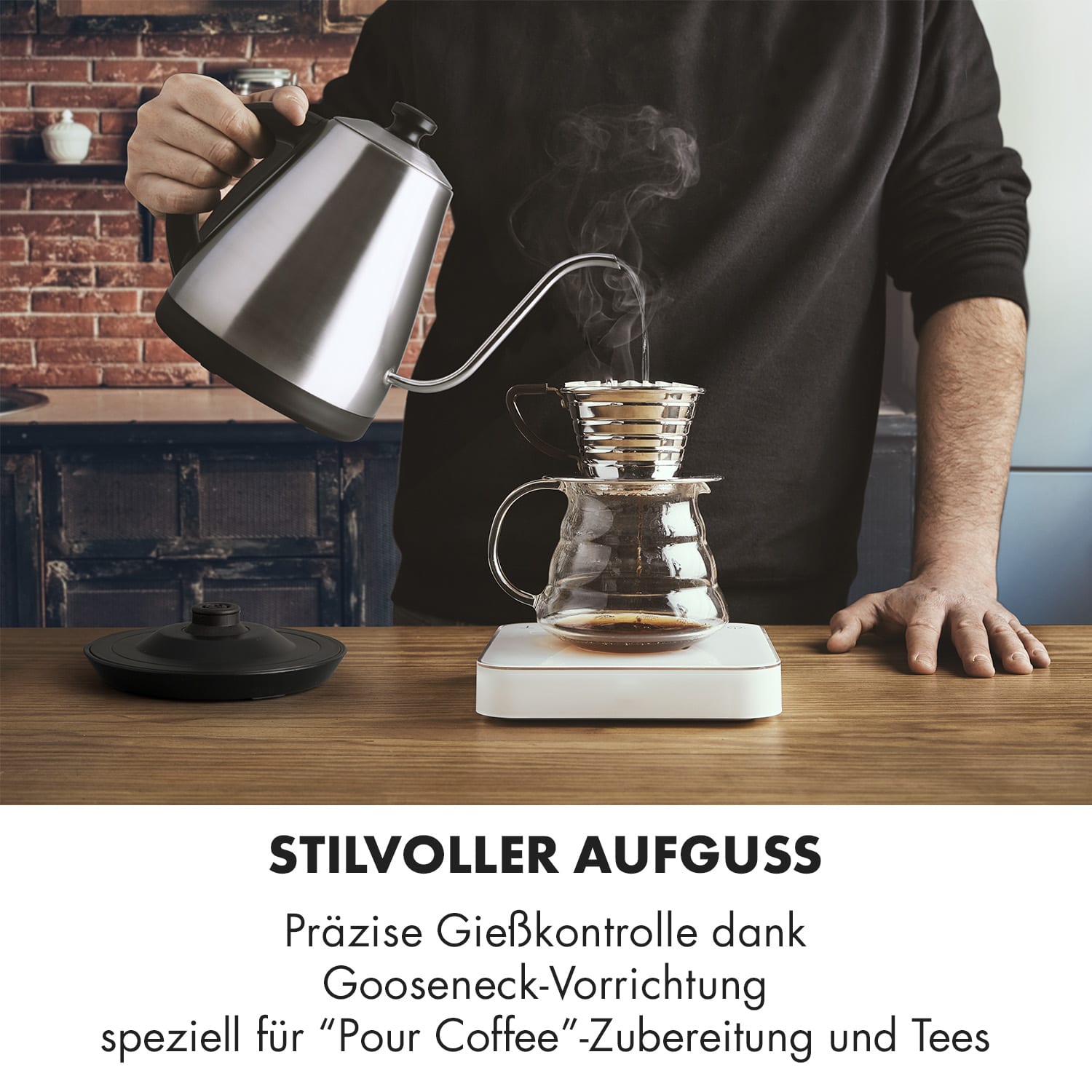 Garcon Wasserkocher 1L 2000W Warmhaltefunktion Schwanenhals Edelstahl Silber-Metallic