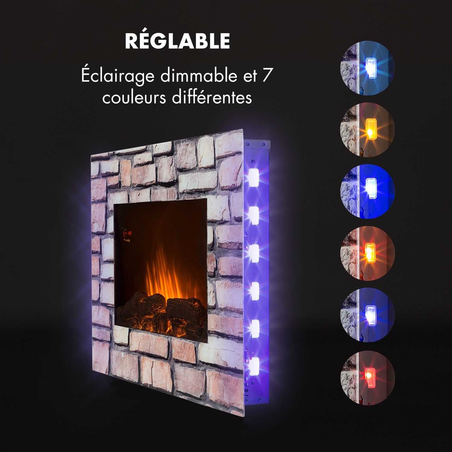 Colmar Cheminée électrique verre 2000W 7 couleurs LED Télécommande 