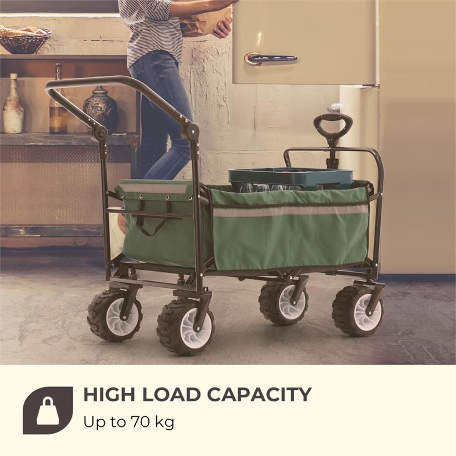 Easy Rider, húzható kocsi, 70 kg-ig, teleszkópos rúd, összecsukható, zöld Sötét moha