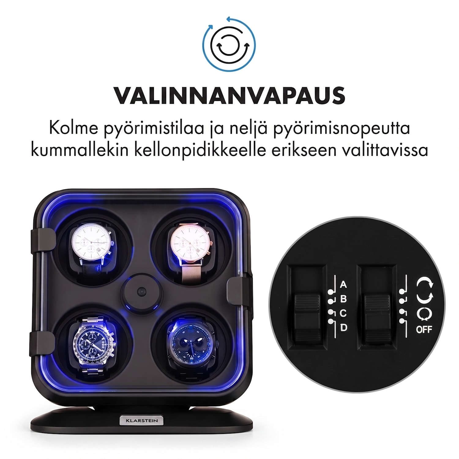 Clover kellonllikuttaja 4 kellolle 3 pyörimistilaa 4 nopeutta LED Musta