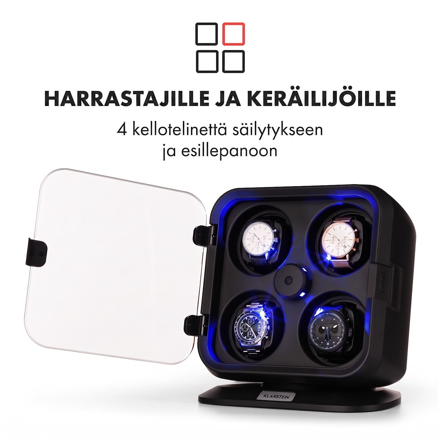 Clover kellonllikuttaja 4 kellolle 3 pyörimistilaa 4 nopeutta LED Musta