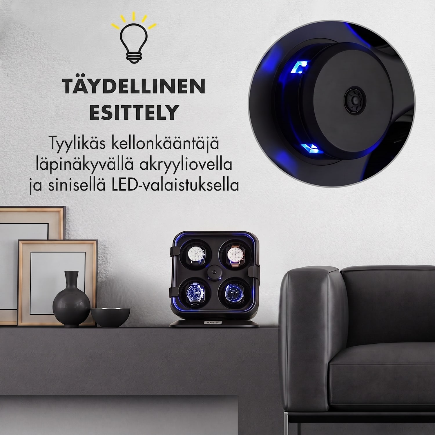 Clover kellonllikuttaja 4 kellolle 3 pyörimistilaa 4 nopeutta LED Musta