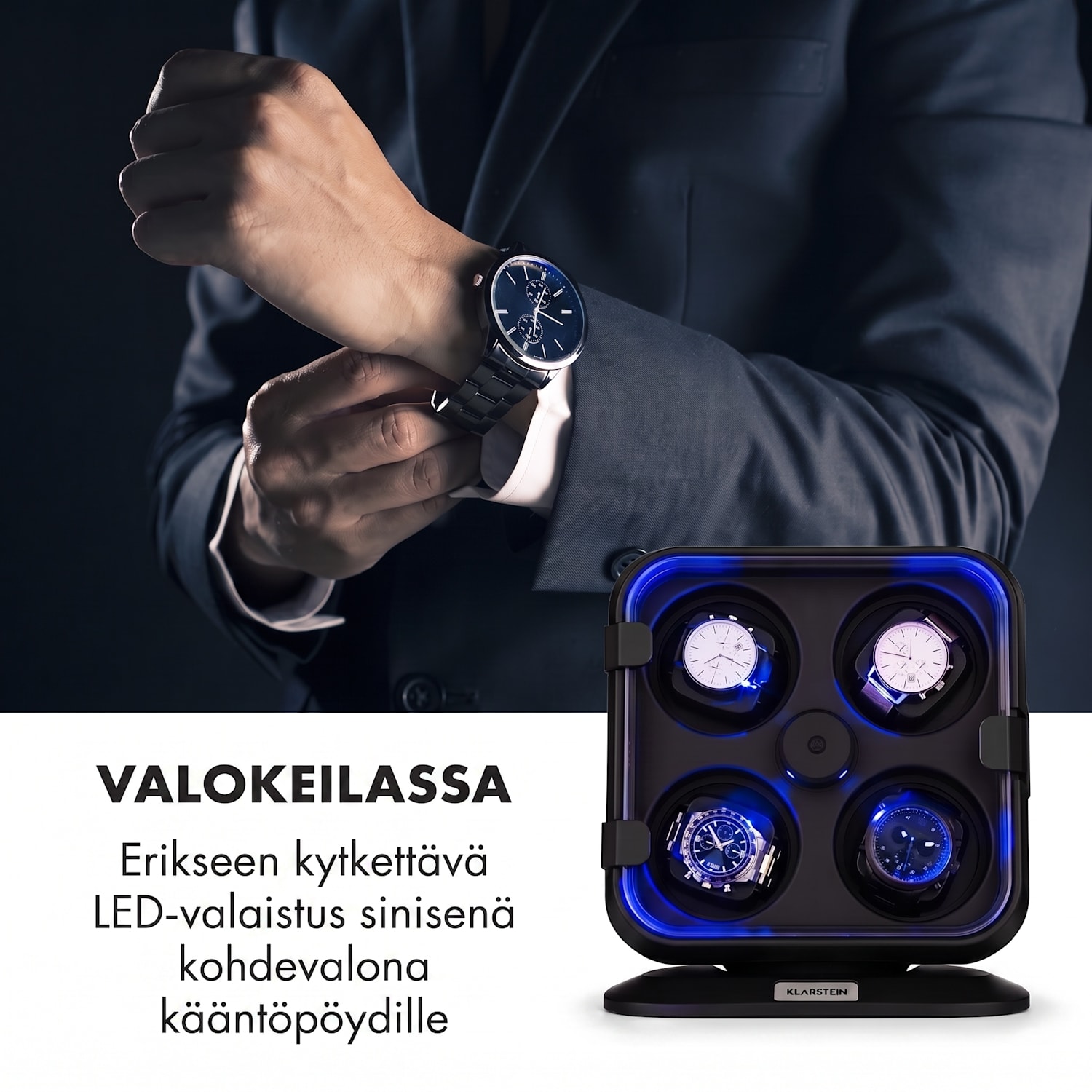 Clover kellonllikuttaja 4 kellolle 3 pyörimistilaa 4 nopeutta LED Musta