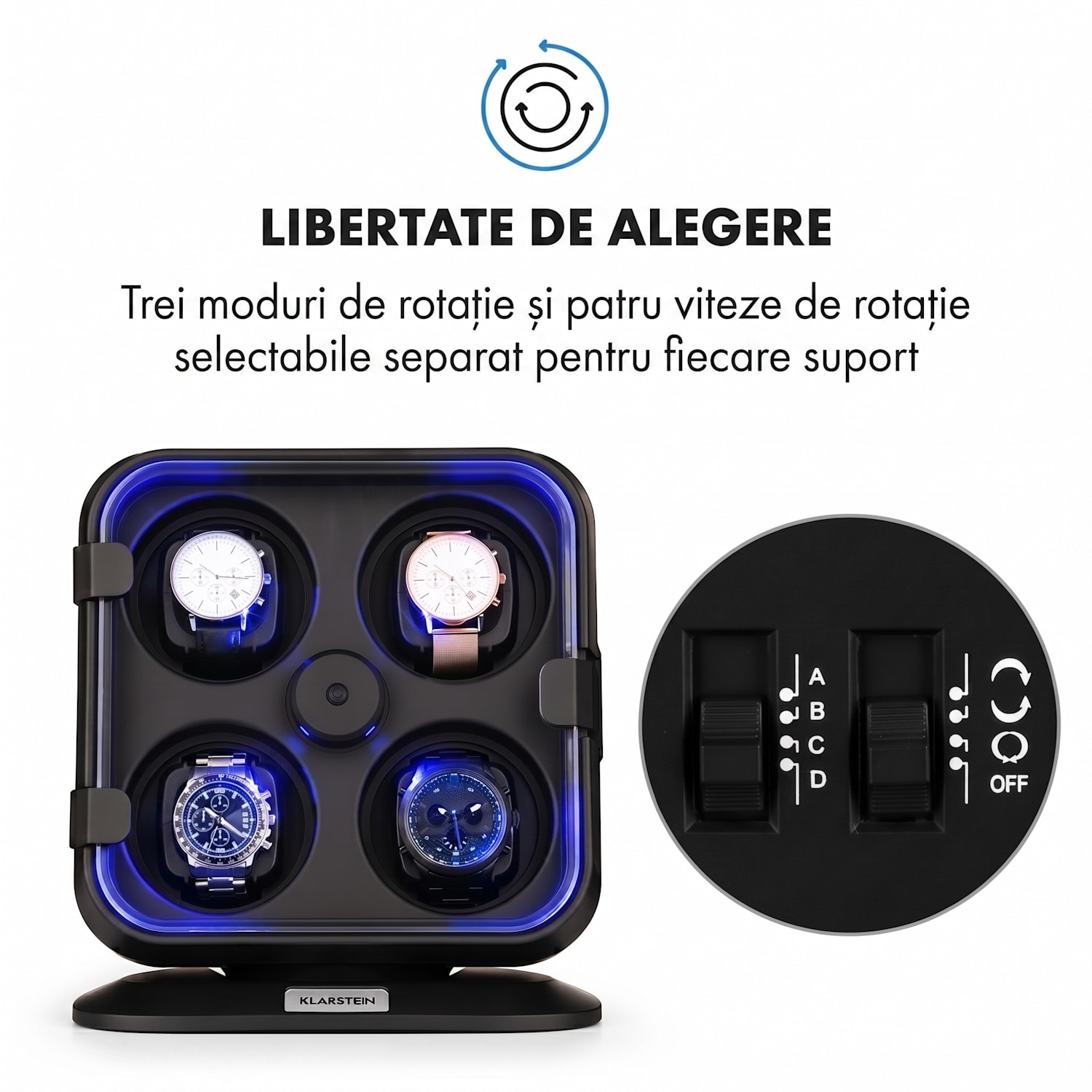 Clover Watch winder, suport pentru 4 ceasuri, 3 rotații, 4 viteze LED Negru