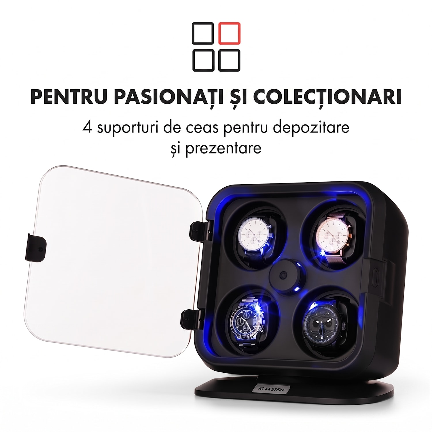 Clover Watch winder, suport pentru 4 ceasuri, 3 rotații, 4 viteze LED Negru