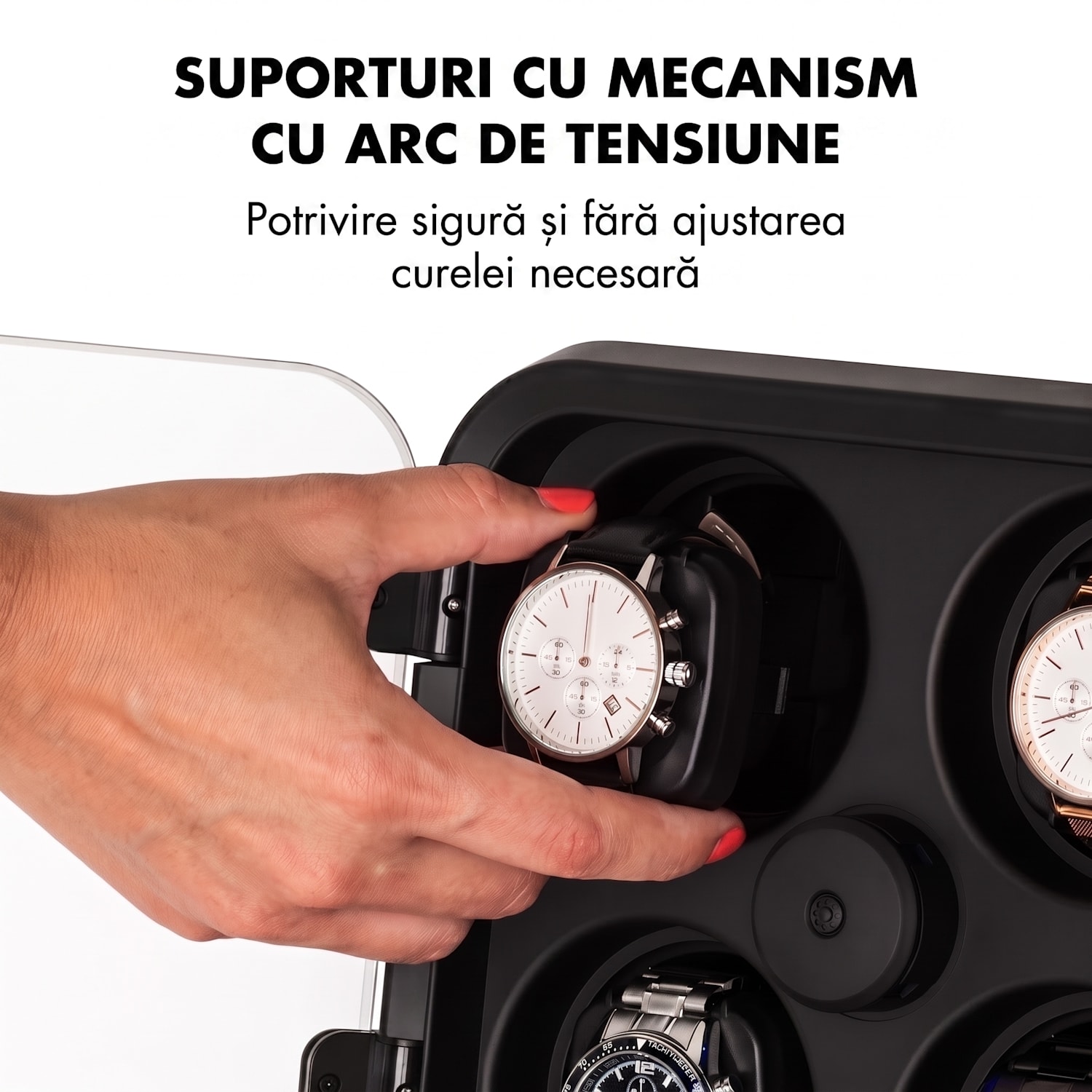 Clover Watch winder, suport pentru 4 ceasuri, 3 rotații, 4 viteze LED Negru