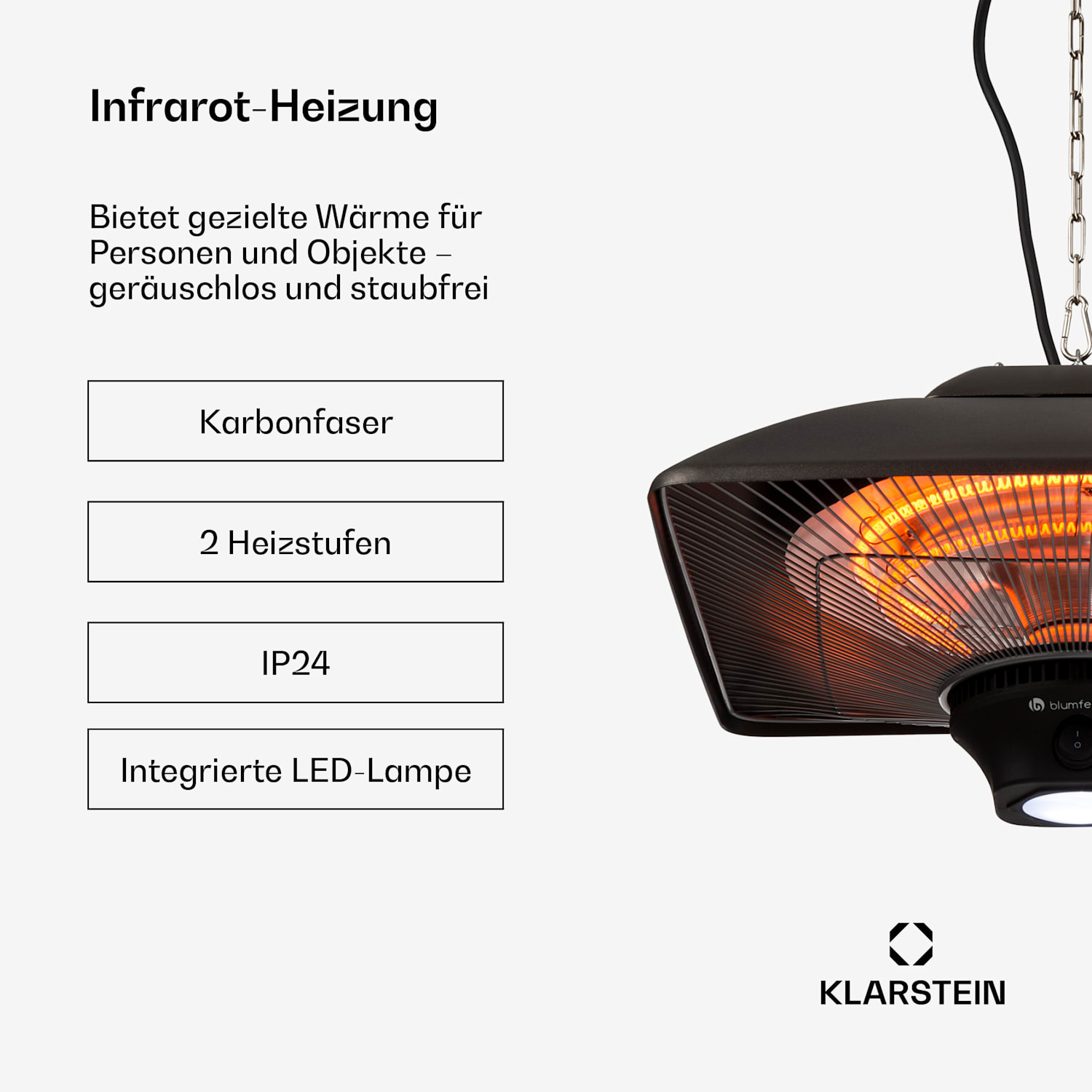 Heat Square Infrarot-Heizstrahler 1000/2000W Carbon IP24 LED Schwarz