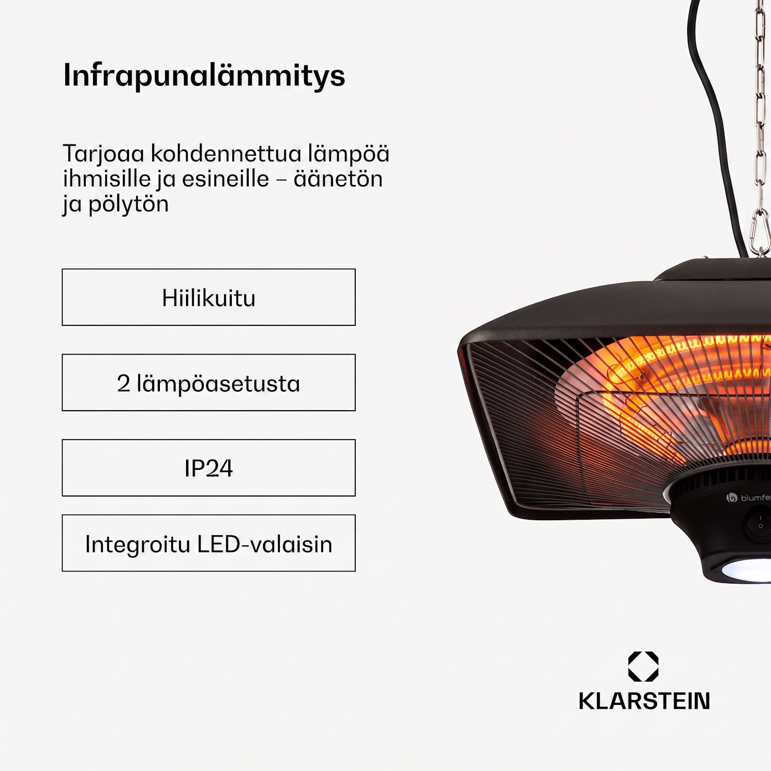 Heat Square, infrapunalämmitin, 1000/2000 W, hiili, IP24, LED Musta