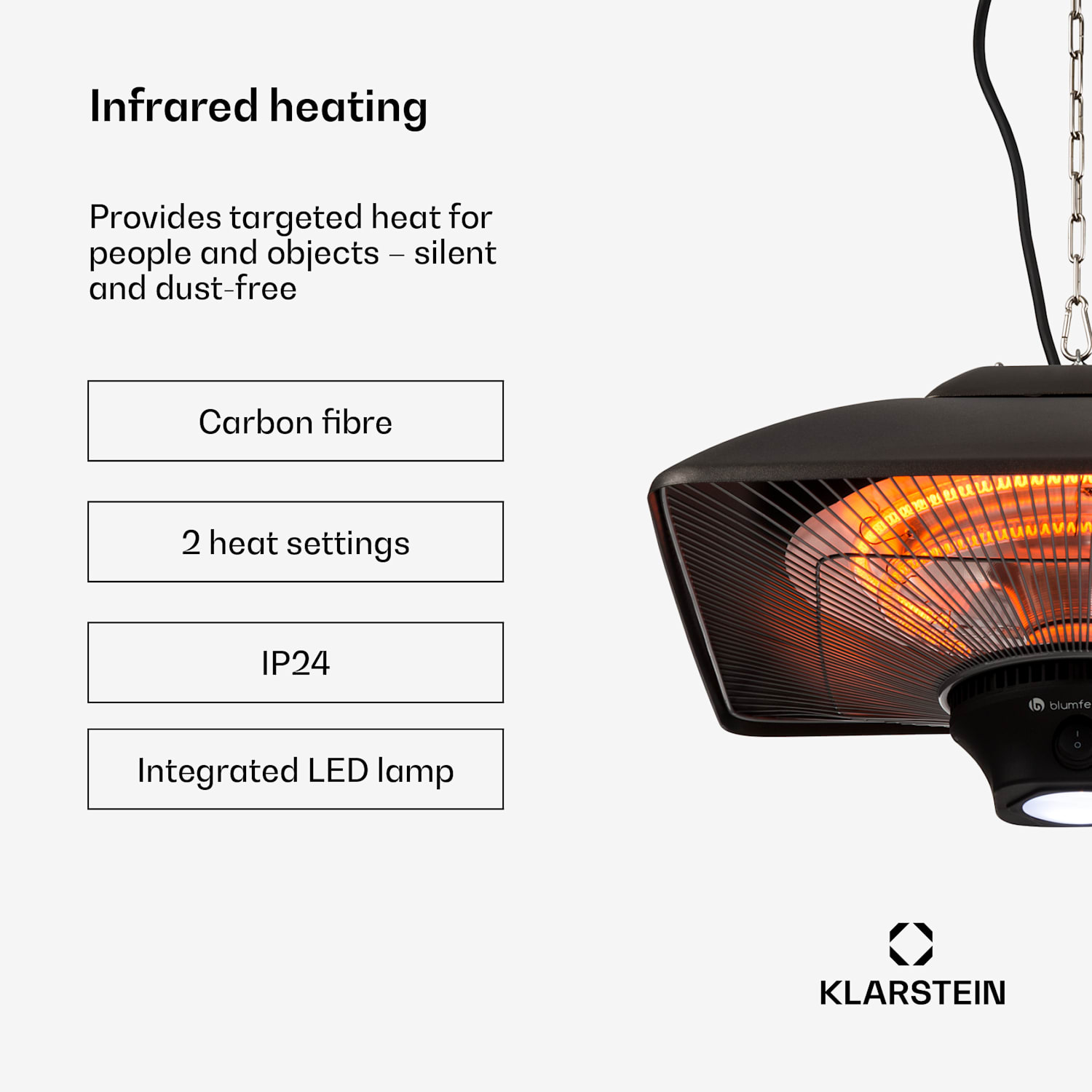Heat Square infrared radiant heater 1000/2000W Carbon IP24 LED Black