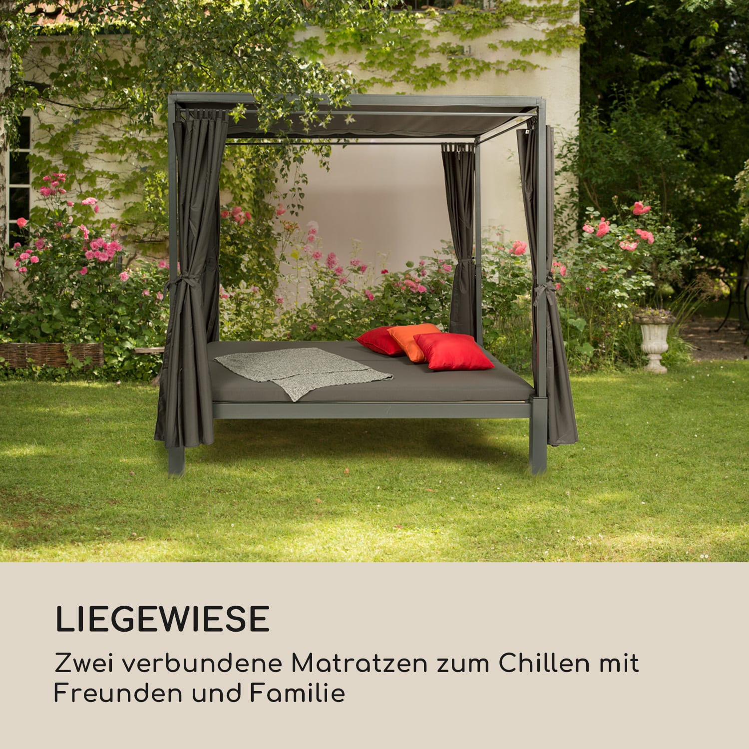 Senator Lounge Gartenliege 188x208x205cm Sonnendach Polyester Stahl Dunkelgrau