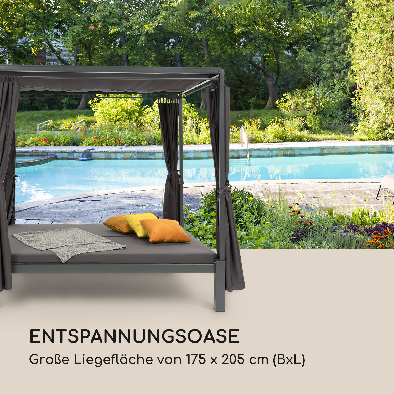 Senator Lounge Gartenliege 188x208x205cm Sonnendach Polyester Stahl Dunkelgrau
