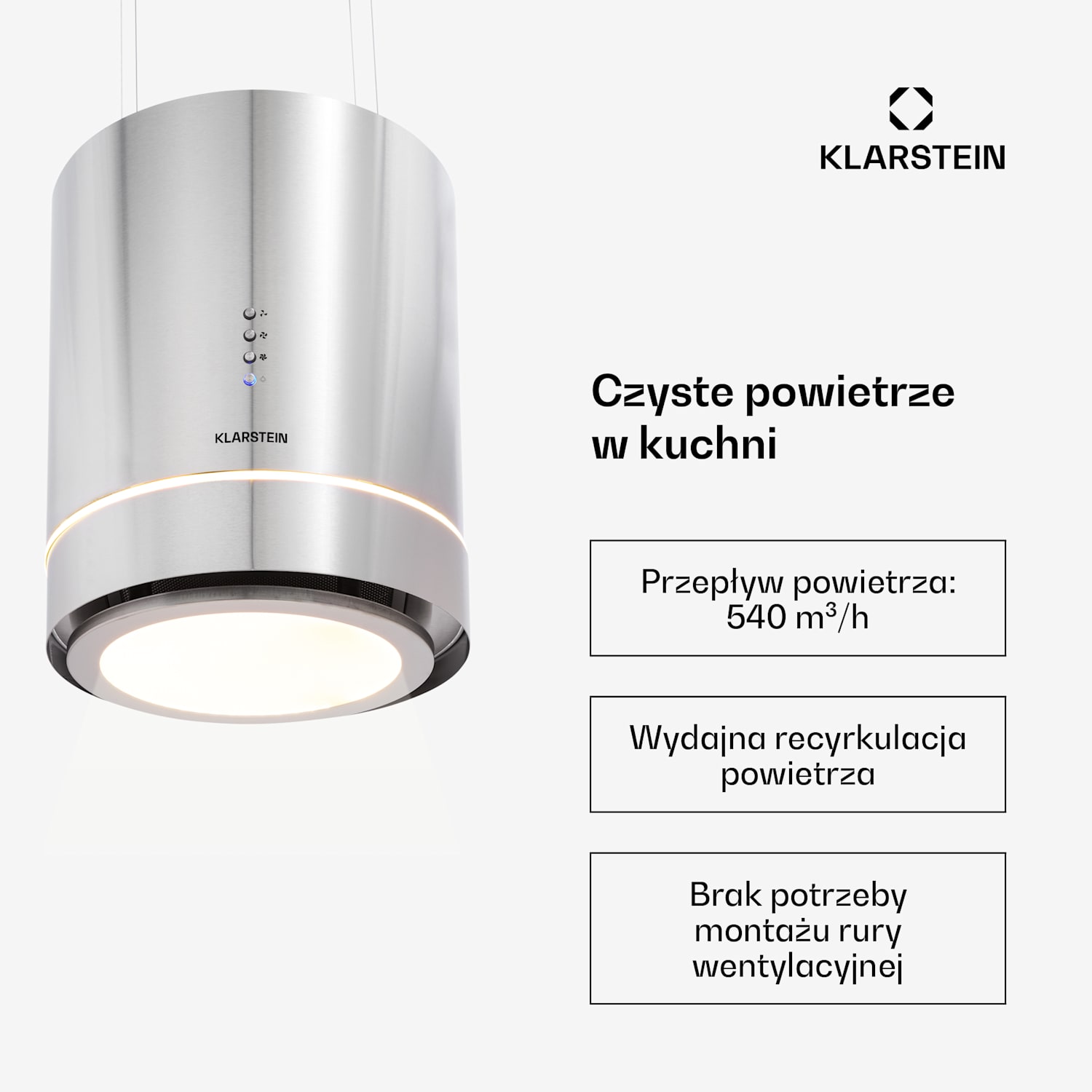 Tron Ambience, okap kuchenny wyspowy, pochłaniacz, Ø 38 cm, 540 m³/h, LED, stal nierdzewna, kolor srebrny Stal nierdzewna