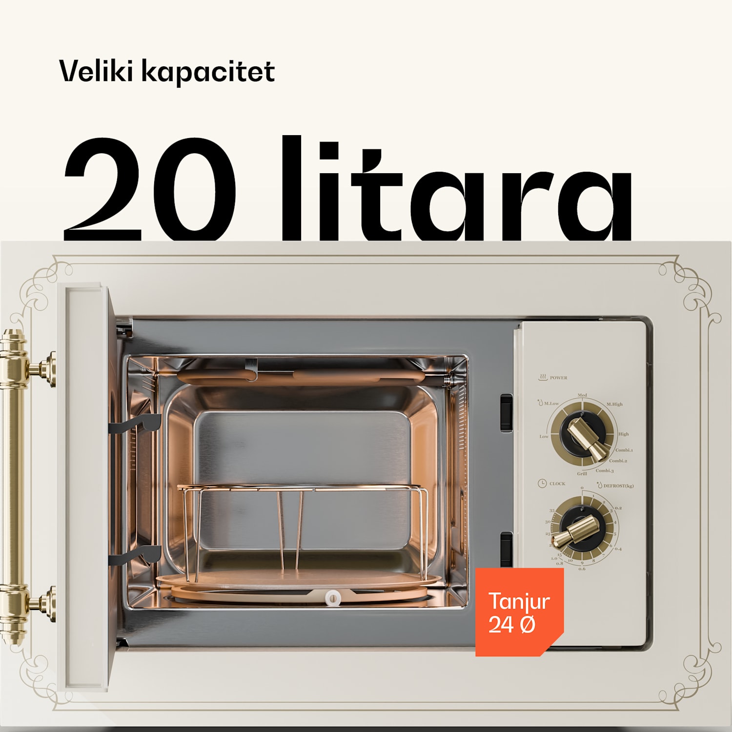 Victoria 20, ugradbena mikrovalna pećnica, 20 l, 800 W, roštilj: 1000 W, bjelokost Vintage kremasta