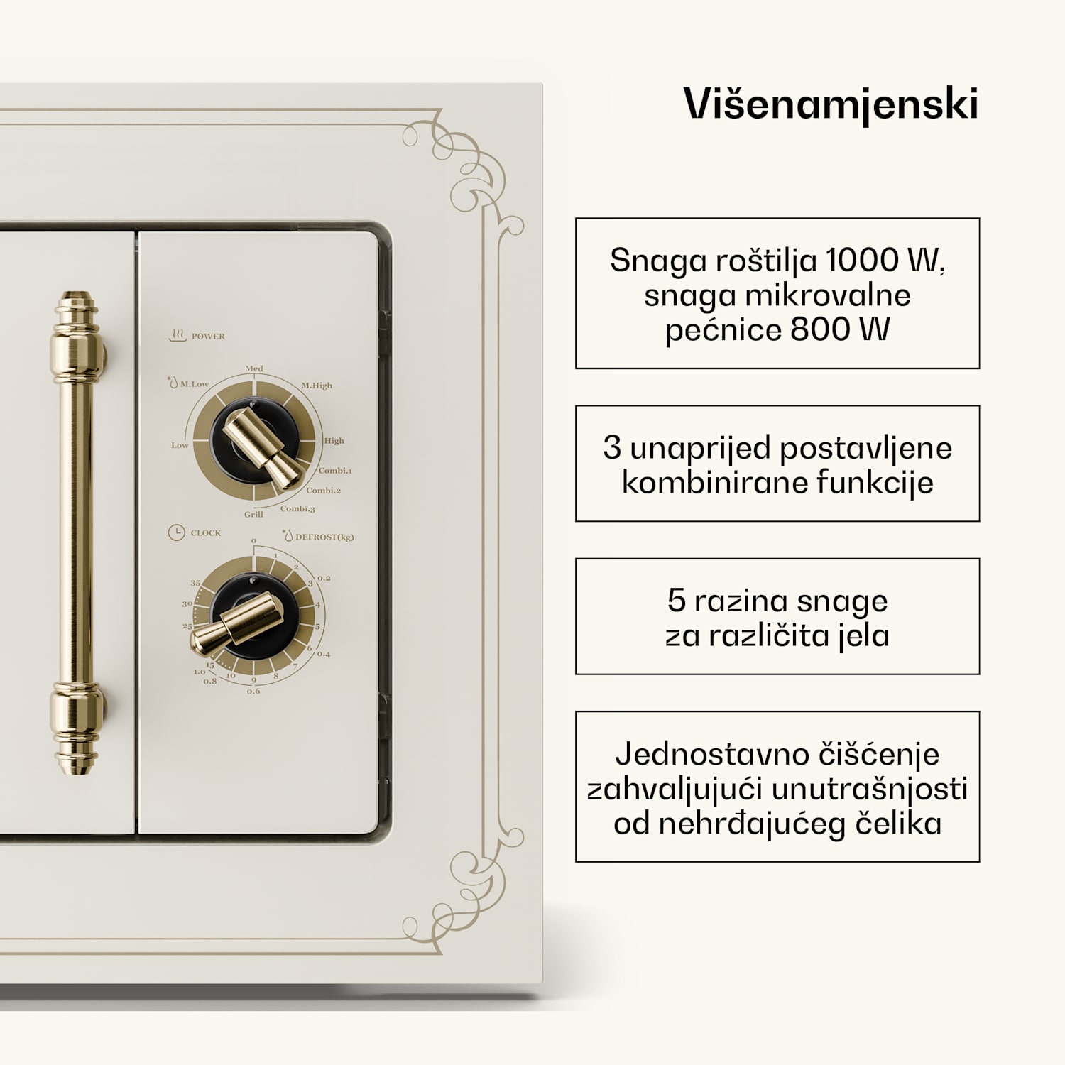 Victoria 20, ugradbena mikrovalna pećnica, 20 l, 800 W, roštilj: 1000 W, bjelokost Vintage kremasta