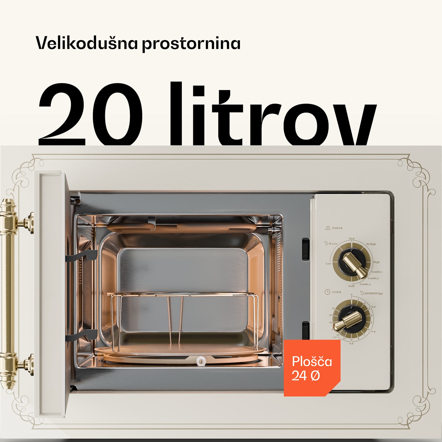 Victoria 20, vgradna mikrovalovna pečica, 20 l, 800 W, žar: 1000 W, barva slonove kosti Vintage kremna