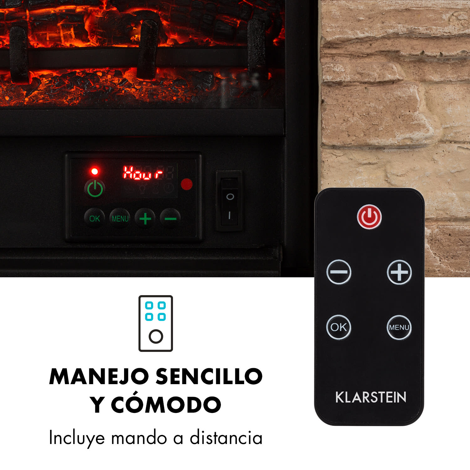 Chimenea eléctrica Kaprun 1800W piedra decorativa de Polystone Mando a distancia Marrón claro | Negro