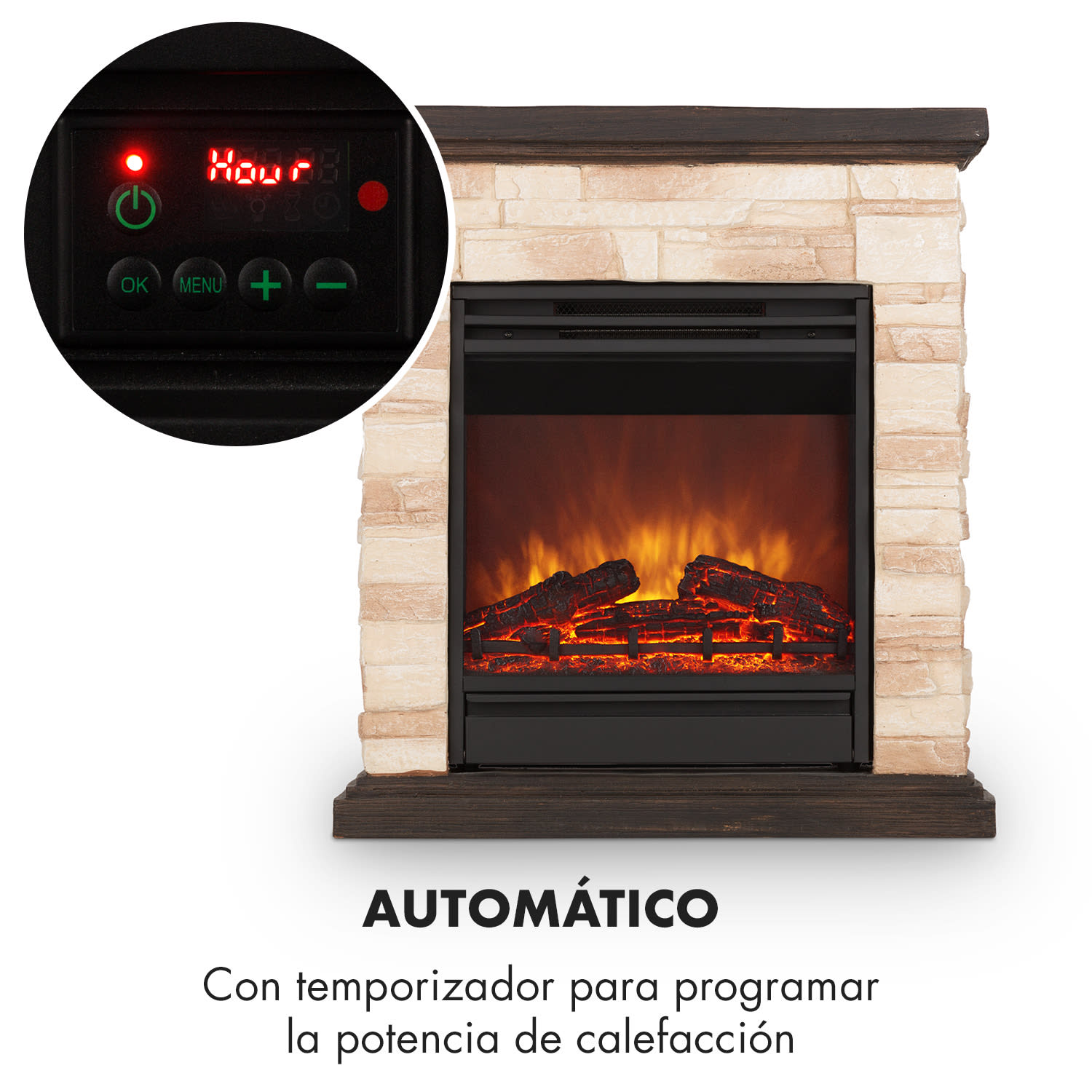 Chimenea eléctrica Kaprun 1800W piedra decorativa de Polystone Mando a distancia Marrón claro | Negro
