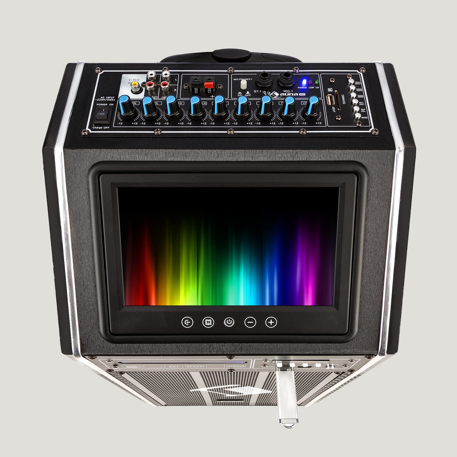 DisGo Box, 100 DVD, sistem PA mobil, max. 300 W, afișaj TFT de 9", DVD, BT