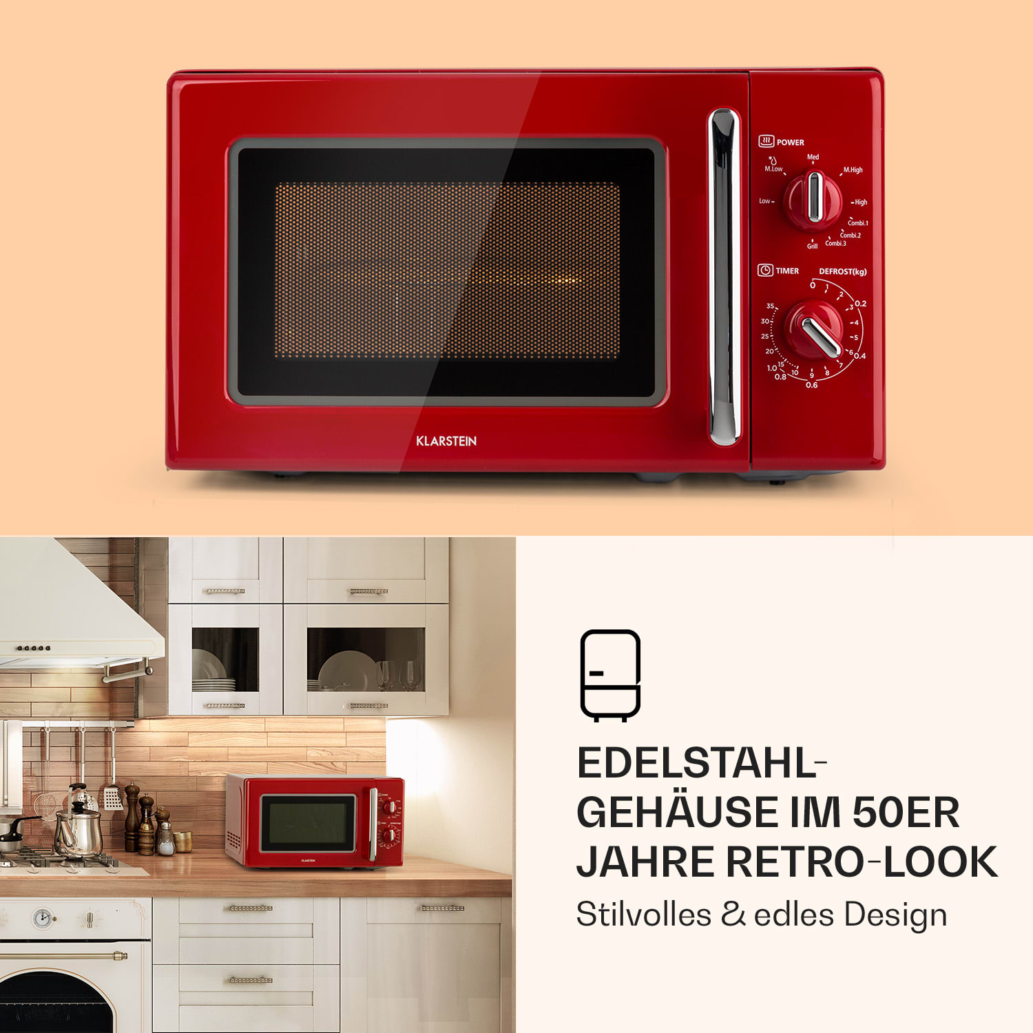Caroline micro-ondes gril | 20 litres | 700 W micro-ondes / 1000 W gril | plateau tournant Ø 25,5cm | QuickSelect | design rétro Rouge