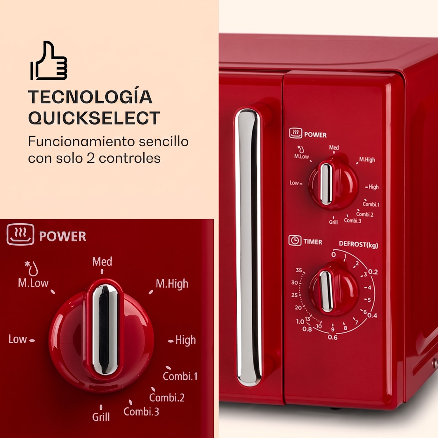Caroline Microondas con grill | 20 litros | Microondas de 700 W/Grill de 1000 W | Plato giratorio de 25,5 cm de Ø | QuickSelect | Diseño retro Rojo