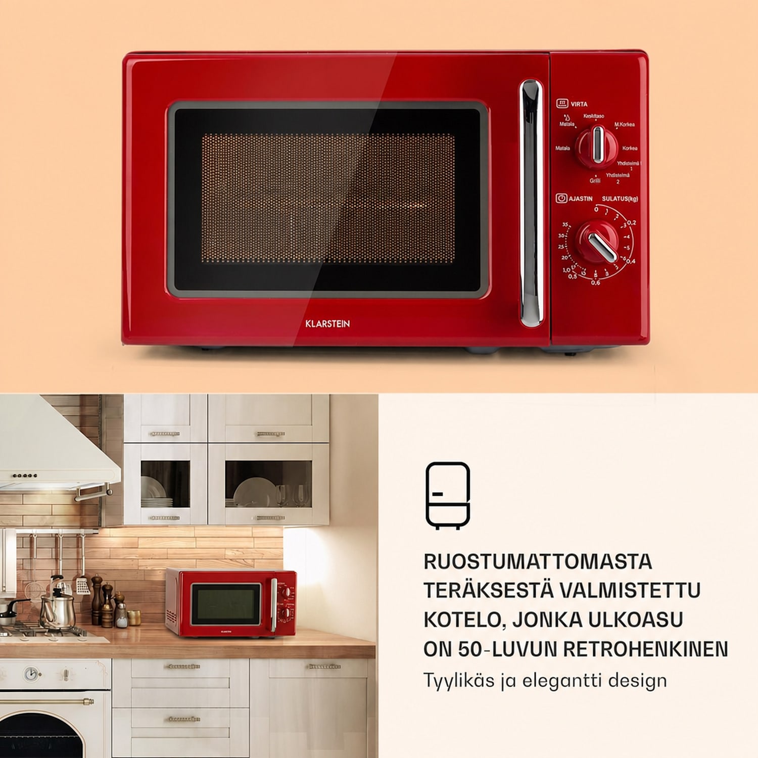 Caroline mikroaaltouuni | 20 litraa | 700 W mikroaaltouuni / 1000 W grilli | kääntölevy Ø 25,5cm | QuickSelect | QuickSelect | retromuotoilu Punainen