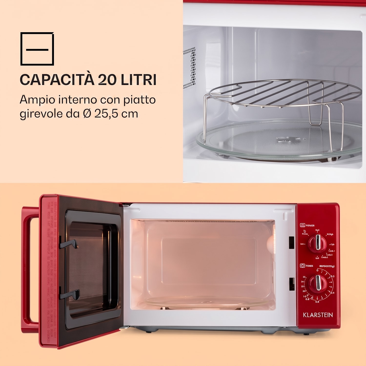Caroline Microonde con grill | 20 litri | Microonde: 700 W/Grill: 1000 W | Piatto rotante Ø 25,5cm | QuickSelect | Design rétro Rosso