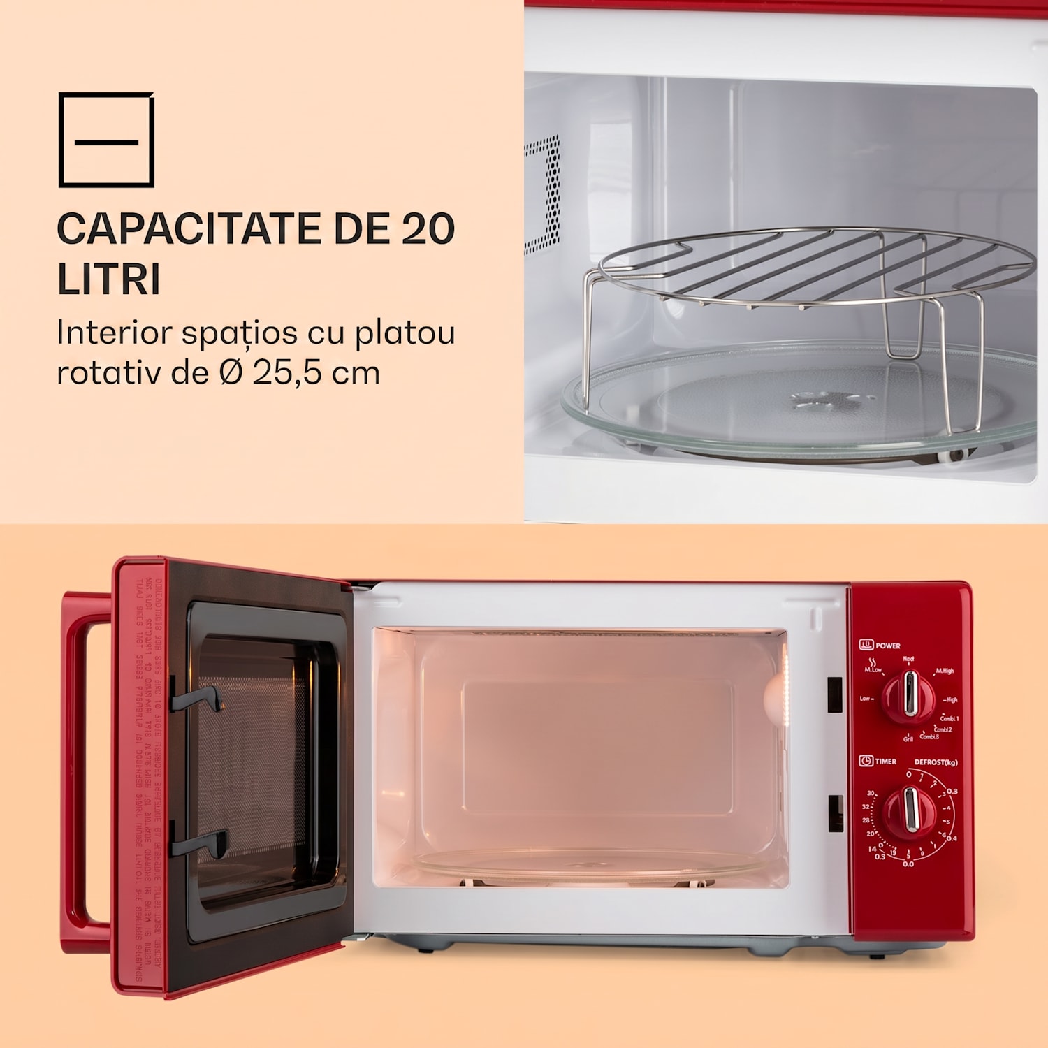 Caroline, cuptor cu microunde 20l 700/1000 W Ø 25.5 cm QuickSelect retro roșu Roșu